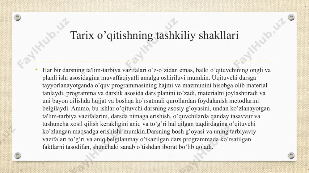 ritilishi va uni o’rganishdan ko’zda tutilgan kelgusida o’qituvchi bo’lib chiqadigan talabalarni o’rta ta'lim va o’rta maxsus ta'lim tizimida tarix o’qitishning ilmiy asoslari bilan qurollantirishdan iborat. tarix o’qitish metodikasi o’zining mustaqil tekshirish predmetiga ega.o’rta ta'lim va o’rta maxsus ta'lim tizimida tarix fanining o’qitilishi va o’qitish jarayonining o’rganilishi tarix o’qitish metodikasining predmetini tashkil etadi. o’qitish jarayonining ob'ektiv suratda amal qiladigan o’z qonuniyatlari bor. tarix kursining mazmuni deganda, birinchi galda tarix dasturida belgilab berilgan tarixiy bilimlar ko’lami, o’quv materiali: uning asl mazmuni, o’quvchilarning tarixiy materiallarni o’zlashtirish olgan bilimlaridan foydalana bilish sohasidagi o’quv usullari, ko’nikma va malakalari sistemasi, shu jumladan, ularni ilmiy tadqiq qilish ishlarining eng oddiy shakllarini egallashlari ko’zda tutiladi. tarix o’qitish jarayonining tarkibiy qismlari va ular o’rtasidagi aloqalar tarix o’qitish metodikasi jarayoning tarkibiy qismlari o’rtasidagi qat'iy takrorlanadigan o’zaro aloqa va bog’lanishlarda namoyon bo’ladigan qonuniyatlarni ochib beradi va tarix o’qitish jarayonini takomilllashtirishda ulardan foydalanish yo’l-yo’riqlarini ham ko’rsatib beradi. demak, tarix o’qitish metodikasi bo’lajak …