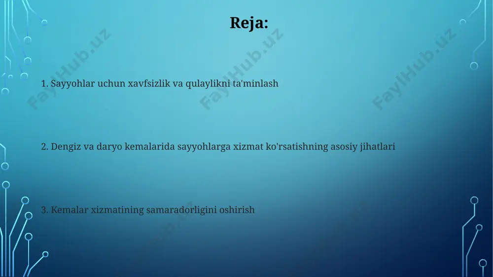 aklif qilish imkonini beradi. sayyohlarga taqdim etiladigan xizmatlar turlari kema va daryo kemalarida sayyohlar uchun turli xil ekskursiyalar, shu jumladan 5 dan ortiq madaniy-tarixiy joylarga tashrif buyurish va 10 dan ortiq gastronomik tadbirlar taklif etiladi. sayyohlarga 24/7 ishlaydigan, kamida 3 ta tilni (o'zbek, rus, ingliz) biladigan malakali xodimlar tomonidan yuqori darajadagi mijozlarga xizmat ko'rsatish xizmati taqdim etiladi. ekologik xavfsizlik va atrof-muhitni muhofaza qilish kema yoqilg'ilarining oltingugurt tarkibini 0,5% dan kamroq miqdorda ushlab turish havo ifloslanishini sezilarli darajada kamaytiradi va kislotali yomg'irlarning oldini oladi. dengiz va daryo kemalarida qattiq chiqindilarni qayta ishlash va utilizatsiya qilish bo'yicha 70% dan yuqori darajada qayta ishlash ko'rsatkichlariga erishish atrof-muhitni muhofaza qilishga muhim hissa qo'shadi. sayyoh kemalarining turlari va ularning xususiyatlari daryo kemalari, ko'pincha sayyohlarni tarixiy daryolar bo'ylab sayohat qilish uchun, kamroq yo'lovchini sig'dira oladi, o'rtacha 50-150 yo'lovchi, va mega-kemalarga nisbatan qulayroq va intim muhit yaratadi. ba'zi sayyoh kemalari, xususan kruiz kemalari, suv osti kuzatuv salonlari, …