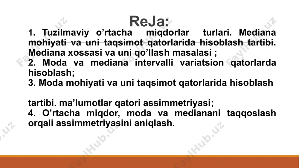 amayib) boruvchi sonlar qatoriga aytiladi. diskretli qatorlar bo’yicha o’rtachalar variantalarni ularning chastotalariga ko’paytirib hosil bo’lgan yig’indini chastotalar yig’indisiga bo’lish orqali aniqlanadi bolalar soni bo’yicha oilalarning guruhlari (variantalar, x) oilalar soni (chastotalar, f) bolalar soni (xf) bolalari yuq oilalar (0) 1 ta bolaga ega oila (1) 2 ta bolasi bor oila (2) 3 ta bolali oila (3) 4 ta bolali oila (4) 5 ta bolali oila (5) 6 ta bolali oila (6) 10 30 75 45 20 15 5 0 30 150 135 80 75 30 jami 200 500 istiqbol mahallasida yashovchi oilalar va ularning bolalari haqida ma’lumot har bir oila bo’yicha o’rtacha bolalar sonini aniqlaymiz diskretli variatsion qator oddiy farqlanishi tortilgan farqlanishi oddiy arifmetik o’rtacha qiymat barcha qiymatlar teng ahamiyatga ega bo’lgan holatda hisoblanadi farqlanishi barcha qiymatlarni teng baholaydi qiymatlar o’z vazniga qarab baholanadi tortilgan arifmetik miqdorda har bir qiymatga o’zining vazni (ahamiyati) bilan ta’sir ko’rsatiladi o’rtacha arifmetik miqdorning muhim …