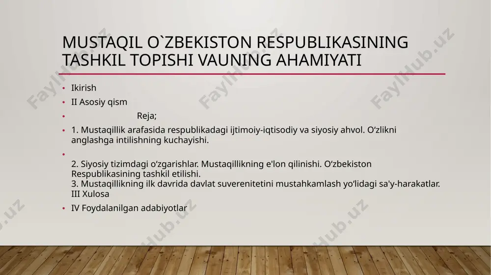 i yoki demokratik jarayonlar chuqurlashishi evaziga ittifoqdagi respublikalar suvereniteti ta‘minlanadimi degan masala dolzarb bo`lib qoldi ikkinchi tomondan, o`shadavrdagi markaziy davlat rahbariyati mamlakat ichkarisidagi vaziyatni to`g’ri baholay olmadi, milliy respublikalarda mustaqillikka erishish tabora kuchayib borayotganining oldini ololmay qoldi. 1990 yil boshida o`zbekistonda boshqaruvning prezidentlik shakli masalasi ko`tarildi. respublikada boshqaruvning shunday shaklining joriy etilishi, avvalo, siyosiy, ijtimoiy-iqtisodiy, millatlar aro va boshqa sohalardagi muammolarni hal qilish jarayonini tezlashtirishga ko`maklashish vositasi sifatida joriy qilindi. eng muhimi, prezident muassasining joriy etilishi respublika uchun suverenitet va davlatchilikda mohiyat jihatidan yangi bosqichga o`tishni bildirar edi. alohida shuni ta‘kidlash kerakki, o`sha kezlari keng miqyosda tartib va intizomni, eng avvalo, boshqaruvning barcha darajalarida va jabhalarda ijro mexanizmini qayta qurishni tezlashtirish vazifalarini vaqtida hal etish, fuqarolar huquqlarini ximoya qiluvchi barcha muassasalarini nazorat qilish masalalari ham katta ahamiyat kasb etmoqda edi. shu ob‘ektiv holatni xisobga olib, 1990 yil 24 martda o`zbekiston oliy sovetining birinchi sessiyasi o`zbekiston tarixida birinchi marta prezidentlik lavozimini …