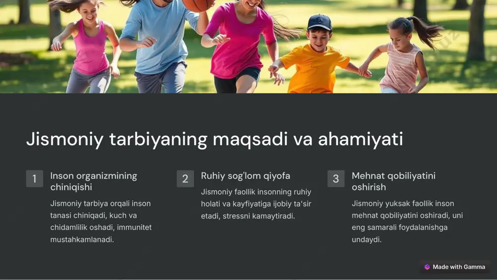 urce=made-with-gamma jismoniy tarbiya va intellektual tarbiya 1 jismoniy faollik inson aqliy faoliyatini faollashtiradi, diqqat, xotira, idroki oshadi. 2 intellektual qobiliyatlar rivojlantiradi, mantiq, tahlil, sintetik fikrlash qobiliyatlarini yaxshilaydi. 3 muvozanat jismoniy va intellektual rivojlanish o'zaro uyg'unlashib borib, muvozanatni ta'minlaydi. https://gamma.app/?utm_source=made-with-gamma jismoniy tarbiya va estetik tarbiya muvozanat jismoniy harakatlarning chiniqishi, plastika va muvozanatni shakllantiradi. qiyofa jismoniy mashqlar orqali nafosatli, chiroyli qiyofani hosil qiladi. uyg'unlik jismoniy tarbiya va estetik tarbiya o'zaro uyg'unlashadi, bir-birini to'ldiradi. https://gamma.app/?utm_source=made-with-gamma jismoniy tarbiya va kasbiy tarbiya kasbiy tayyorgarlik jismoniy tayyorgarlik mehnat faoliyatlarini bajarish qobiliyatini oshirish kasbiy mahorat va qobiliyatlarni rivojlantirish kasb mahorati va malakasini oshirish kasbiy faoliyatga jismoniy tayyor bo'lish https://gamma.app/?utm_source=made-with-gamma jismoniy tarbiya va xalq an'analari 1 milliy o'yinlar g'illa, kurash, otish, oshiqbozlik kabi milliy an'anaviy o'yinlar. 2 xalq bayramlari navruz, mustaqillik, xalq birligini bayram qilish marosimlarida jismoniy mashqlar. 3 urf-odatlar yoshlarni chiniqtirish, har tomonlama kamolotga yetkazishga qaratilgan an'analar. https://gamma.app/?utm_source=made-with-gamma jismoniy tarbiya va xalq an'analari milliy an'analarning ahamiyati ular …