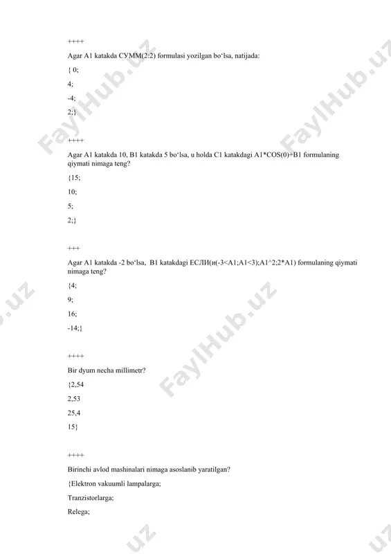 nday nomlanadi? {memo maydoni ole maydoni hisobchi (schyotchik) maydoni pul birliklarida ifodalangan maydon} ++++ ma’lumotlar bazasi jadvallarida raqamlar pul birliklari bilan birgalikda ifodalanadigan maydon qanday nomlanadi? {mantiqiy maydon pul birliklarida ifodalangan maydon vaqt va sanani ifodalovchi maydon sonli maydon} ++++ ma’lumotlar bazasi jadvallarida shakl, tasvir, rasm, musiqiy kliplar va video-yozuvlar shaklida ifodalanadigan maydon qanday nomlanadi? {pul birliklarida ifodalangan maydon ole maydoni mantiqiy maydon vaqt va sanani ifodalovchi maydon} ++++ ma’lumotlar bazasi jadvallarida sonli ma’lumotlar toifasi qanday nomlanadi? {matnli maydon sonli maydon vaqt va sanani ifodalovchi maydon mantiqiy maydon} ++++ ma’lumotlar bazasi jadvallarida ma’lumotlarni tashkil etishning oddiy birligi bo‘lib, ma’lumotning alohida, bo‘linmas birligiga etalikrekvizit mos keladi. bu nima? {yozuv matnli maydon maydon sonli maydon} ++++ ma’lumotlar bazasi jadvallaridavaqt va sanani ifodalovchi maydon qanday nomlanadi? {sonli maydon matnli maydon vaqt va sanani ifodalovchi maydon mantiqiy maydon} ++++ ma’lumotlar bazasida mantiqiy bog‘langan rekvizitlarga mos keluvchi maydonlar yig‘indisidir. bu nima? {maydon matnli maydon yozuv …