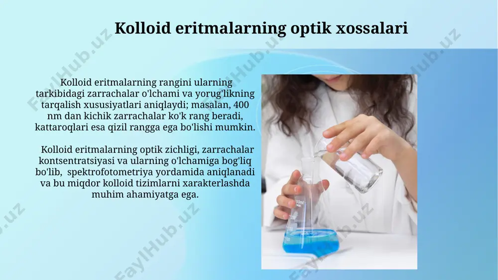 igi va sirt tarangligi molekulalarning o'zaro ta'siri va zarrachalar kontsentratsiyasi bilan belgilanadi, bu esa 10 dan 1000 mpa·s gacha bo'lishi mumkin. peptizatsiya peptizatsiya jarayonida, masalan, 10-20 nm o'lchamdagi zarrachalar dispers fazasini hosil qilish uchun yuqori molekulyar birikmalar yoki elektrolitlar qo'shiladi, bu esa kolloid eritmaning barqarorligini oshiradi. agar peptizatsiya jarayoni elektrolitlar yordamida amalga oshirilsa, ularning kontsentratsiyasi muhim ahamiyatga ega bo'lib, ma'lum bir optimal qiymatda eng yaxshi natija kuzatiladi, masalan, 0.01-0.1 mol/l. kondensatsiya usuli kondensatsiya jarayonida ionlarning gidrolizlanishi, qarama-qarshi zaryadli ionlarning birikishi va polimerlanish kabi kimyoviy reaksiyalar natijasida kolloid zarrachalar hosil bo'ladi. ushbu usulda olingan kolloid eritmalar o'lchami 1 dan 100 nm gacha bo'lgan ultramikroskopik zarrachalardan tashkil topgan bo'lib, ularning stabilizatsiyasi elektrostatik itarish kuchlari orqali ta'minlanadi. dispers faza va dispersiyon muhit dispers fazaning dispersiyon muhitdagi konsentratsiyasi kolloidning xossalariga, masalan, yopishqoqligi va optik xususiyatlariga sezilarli ta'sir ko'rsatadi, bu 1% dan 99% gacha o'zgarishi mumkin. dispers faza zarrachalarining o'lchami 1 nm dan 1000 nm …