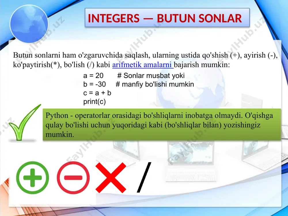 modulni math ni taqdim etadi: python math moduli matematik operatsiyalar bilan shug'ullanish uchun mo'ljallangan muhim xususiyatdir. u standart python versiyasi bilan birga keladi va boshidanoq mavjud. uni chaqirish uchun dastur boshida import math deb kiritishni o’zi kifoya import math import math r=int(input(“radiusni qiymatini kiriting = “)) s=2*math.pi*r print(“s ning qiymati quyidagiga teng bo’ldi” , s) cheksizlik ∞ cheksizlikni raqam bilan aniqlash mumkin emas. aksincha, bu hech qachon tugamaydigan yoki cheksiz narsani ifodalovchi matematik tushunchadir. cheksizlik har ikki yo'nalishda ham, ijobiy yoki salbiy bo'lishi mumkin. berilgan qiymatni mutlaq maksimal yoki minimal qiymatga solishtirishni xohlaganingizda algoritmlarda cheksizlikdan foydalanishingiz mumkin . pythonda musbat va manfiy cheksizlik qiymatlari quyidagicha: >>> f"positive infinity = {math.inf}" ‘ positive infinity = inf ’ >>> f"negative infinity = {-math.inf}" ‘ negative infinity = -inf ‘ endigi kodda , 10 308 (suzuvchi nuqtali raqamning maksimal hajmi) math.inf qiymatidan kattaroqdir , bu ikki barobar aniqlikdagi raqam.x x = 1e308 math.inf …