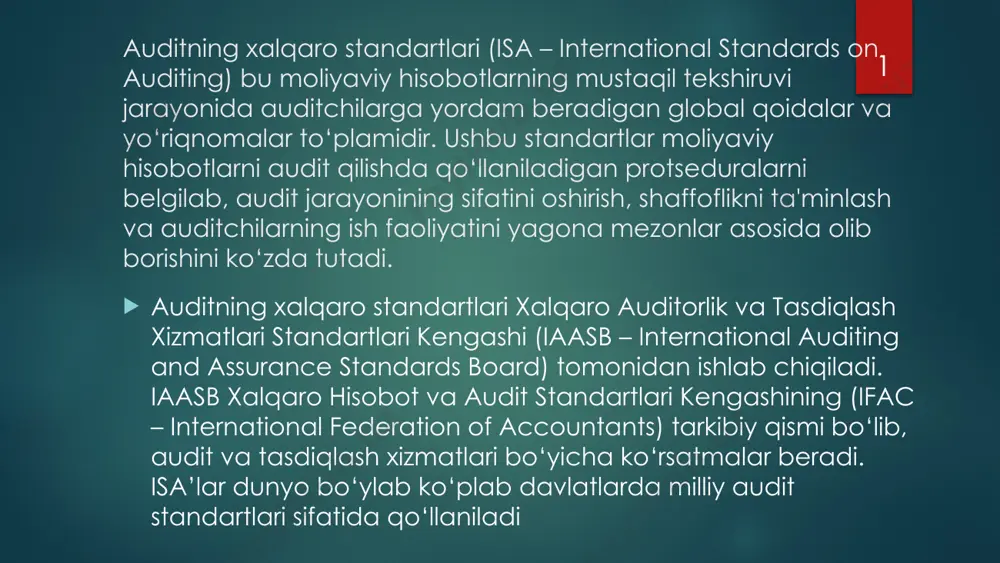 nciples and responsibilities) bu bo‘limda auditorning majburiyatlari va auditi amalga oshirishda amal qilinishi lozim bo‘lgan asosiy tamoyillar belgilangan. isa 200 – auditorning umumiy maqsadlari va auditni amalga oshirish majburiyatlari: auditorning asosiy maqsadlari va auditchining javobgarligi to‘g‘risida umumiy ko‘rsatma beradi. isa 210 – auditning shartnomaviy tomonlarini belgilash: audit xizmatini bajarish bo‘yicha kelishuvni rasmiylashtirish jarayonini tavsiflaydi. 2. auditni rejalashtirish va risklarni boshqarish (risk assessment and response to assessed risks) bu bo‘lim audit jarayonida risklarni baholash va auditchi tomonidan qo‘llanilishi kerak bo‘lgan strategiyalarni belgilaydi. isa 300 – auditni rejalashtirish: audit jarayonini rejalashtirish, resurslarni taqsimlash va audit maqsadlarini belgilash bo‘yicha yo‘riqnomalar beradi. isa 315 – xatarlarni baholash va nazorat qilish: moliyaviy hisobotlardagi xatoliklar xavfini baholash uchun kerakli protseduralarni tavsiflaydi. isa 330 – baholangan xatarlarga javob berish: auditor baholangan xavflarga qanday javob berishi lozimligi to‘g‘risidagi ko‘rsatmalarni beradi. 4 3.audit dalillari va audit jarayonini olib borish (audit evidence and conducting the audit) bu guruhda auditorlar tomonidan …