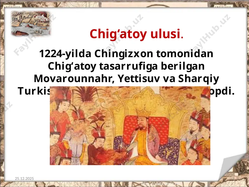 ud yalavochni pekin shahriga hokim etib tayinlaydi. 17.10.2019 13 savol va topshiriqlar: 1. jahon tarixidan olgan bilimlaringizga asoslanib ayting-chi, chingizxon zabt etilgan o‘lkalarni qanday taqsimladi? 2. chig‘atoy ulusi qachon va qayerda tashkil topdi? 3. mo‘g‘ullar qanday soliqlarni joriy etdilar? 4. mahmud torobiy qo‘zg‘oloni qachon va qanday boshlandi? 5. qanday sabablar torobiy qo‘zg‘olonining mag‘lubiyatiga sabab bo‘ldi? 17.10.2019 14 image2.jpeg image3.jpeg image4.jpg image5.jpeg image6.jpeg image7.jpeg image8.jpeg image9.jpg image10.jpeg image11.jpeg image12.jpeg image13.jpeg image14.jpeg image15.jpg image1.jpeg