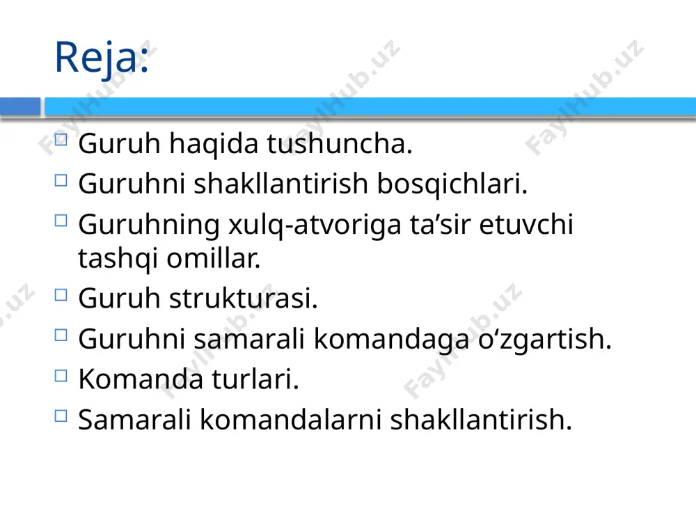 ilish nizolarni boshqarish kiradi. ishchi guruh (work teams) - bu aniq natijalar uchun guruh oldida birgalikda javobgar bo'lgan, ish natijalari uchun javobgarlikni o'rtoqlashadigan o'zaro bog'liq odamlar guruhi. buyruq turlari: komanda turlari: 1. ichki funktsional jamoalar: ma'lumotlar va funktsiyalar jamoa a'zolari o'rtasida taqsimlanadi; tuzilmasi va tarkibi qo'llanilish sohasi o'zgarishi bilan farqlanadi. 2. operatsion komandalar: dolzarb muammolarni hal qilish va tavsiyalar ishlab chiqish uchun turli profildagi mutaxassislarning vaqtinchalik birlashmasi; vaqti-vaqti bilan qisqa uchrashuvlar (haftasiga 1-2 soat); amaliy faoliyat jamoaning vakolatiga kirmaydi. 3. krossfunksional komandalar: ayrim jarayonlarni takomillashtirishga e’tibor qaratish; odatda tashkilotning turli bo'limlari mutaxassislari jalb qilinadi; ko'pincha bunday jamoalar o'zini o'zi boshqaradigan yoki o'zini o'zi boshqaradigan jamoalarga aylanadi. 4. tadbirkorlik komandalar: muayyan mahsulot yoki mijozlar segmentini ishlab chiqarish jarayonini nazorat qilish, mijozlarga yo'naltirilgan tizimni saqlash va takomillashtirishga ixtisoslashgan. 5. ijroiya boshqaruv komandalar: strategik qarorlar qabul qilish va yetakchilik qilish uchun tuzilgan; jamoa rahbari odatda tashkilotdagi birinchi shaxs hisoblanadi. komanda turlari: 6. menejerlarning …