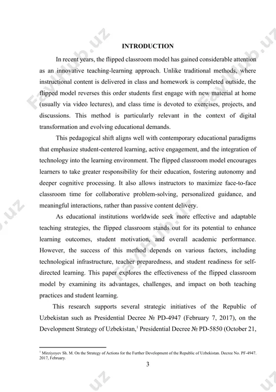 d student motivation levels. methodology of the research. the research is based on a mixed-methods approach, combining qualitative and quantitative data. surveys and interviews with teachers and students, classroom observations, and analysis of academic performance metrics are used to evaluate the flipped classroom method. literature reviews and comparative analysis also contribute to the theoretical framework. the theoretical value of the research on the theme “the effectiveness of flipped classrooms in english learning” lies in its contribution to the growing body of knowledge regarding innovative pedagogical models in language education. the practical value of the research. the results of this research can be used by educators and curriculum developers to effectively implement flipped classrooms in their institutions. it provides practical recommendations for optimizing instruction and improving student outcomes in language learning and other disciplines. the structure of the course paper consists of introduction, three chapters, summaries on each chapter, conclusion and …