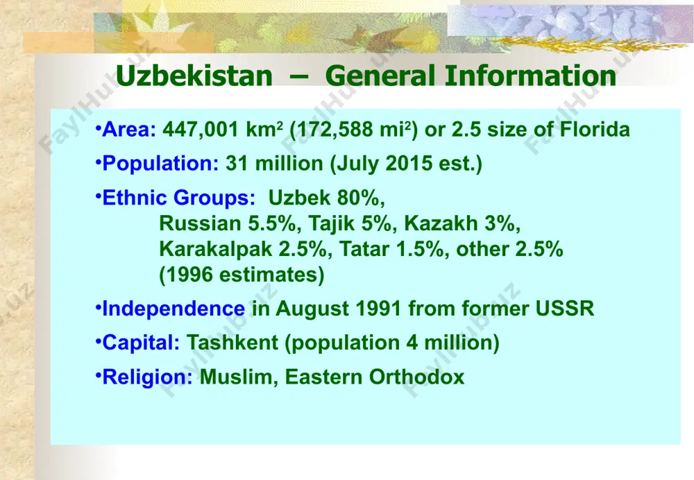 e council of the republic of uzbekistan, on november, 18, 1991. the goverment of uzbekistan the movement toward economic reform in uzbekistan has not been matched by movement toward democratic reform. the government of uzbekistan has instead tightened its grip since independence, cracking down increasingly on opposition groups, curbing basic human rights, and making little attempt to develop democratic political norms and practices. although the names have changed, the institutions of government remain similar to those that existed before the breakup of the soviet union. the government has justified its restraint of personal liberty and freedom of speech by emphasizing the need for stability and a gradual approach to change during the transitional period, citing the conflict and chaos in the other former republics (most convincingly, neighboring tajikistan). this approach has found credence among a large share of uzbekistan's population, although such a position may not be sustainable in the …