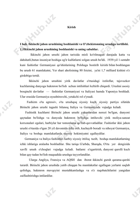 sssrning boltiq dengizidan tortib to qora dengiz hududlarigacha chegaralari bo’ylab yopirilib hujumga o’tdi. ana shu tariqa jahon tarixida inson qulog’i eshitmagan va ko’zi bilan ko’rmagan dahshatli fojea boshlandi. jahon ururshining boshlanishi, uning sabablari va aybdorlari xaqida ko’p va xo’p yozilgan. bugungi kunda hech kimga sir emaski, ikkinchi jahon urushining asosiy sababchisi va aybdori germaniya va sssrning hukmron doiralari, avvalo, adolf gitler va iosif stalindir. har ikkala bosqinchi saltanatchi davlat ham o’z oldiga bosh maqsad qilib dunyo hukmronligini qo’ygan edi. har ikkala bosqinchi davlat ham o’zining bosh strategiyaviy maqsadini amalga oshirish uchun har xil taktik usullar bilan bordi, biri ikkinchisidan ayyorlik qilishga intildi, turli yo’llar bilan o’z ch egaralari va ta'sir hududi doiralarinin k engaytirishga harakat qildi. ammo har ikkala tomon ham o’zaro ikki o’rtada dahshatli muhoraba bo’lishi muqarrar ekanligini yaxshi bilar edi. shu ma'noda 1939 yil 23 avgustda a.gitler va i.stalinning fatvosi bilan germaniya tashqi ishlar vaziri ribbentrob va sssr …