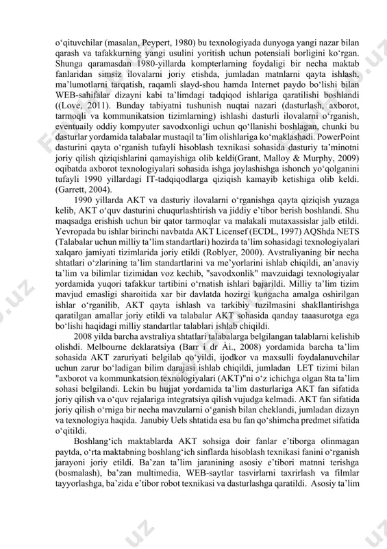 irmasi integral sxemalar asosida dastlabki kompyuterni ishlab chiqardi. 1969 yilda intel firmasi muhim ixtiro kashf qilib, mikroprotsessorlarni kichik hajmli ko‘rinishga olib keldi. 1981 yilga kelib, shu mikroprotsessorlarda ishlaydigan zamonaviy shaxsiy kompyuterni aqsh ning ibm (international business mashines corpation) firmasi ishlab chiqara boshladi va u ibm pc kompyuteri deb atala boshladi. texnologiya so‘zi lotincha ikki so‘zdan, «thexnos» - san’at, mahorat, hunar, soha va «logos» - fan kabilardan olingan. axborot texnologiyalari axborotlarni yig‘ish, saqlash, uzatish, qayta ishlash usullari va vositalari majmuidir. axborotlar ustida biror kerakli amallarni bajarish uchun tashkil qilingan jarayon axborot texnologiyasi deb ataladi. axborotlashgan jamiyat – jamiyatning ko‘pchilik a’zolari axborot, ayniqsa, uning oliy shakli bo‘lmish bilimlarni ishlab chiqish, saqlash, qayta ishlash va amalga oshirish bilan band bo‘lgan jamiyatdir. kundalik hayotimizda turli ko‘rinishdagi axborotlar masalan, matnli, grafikli, jadvalli, ovozli (audio), rasmli, tasvirli (video) va boshqa axborotlar bilan ishlashga to‘g‘ri keladi. axborot texnologiyasi biror ob’ekt, jarayon yoki hodisaning holati haqidagi axborotlarni to‘plash, …