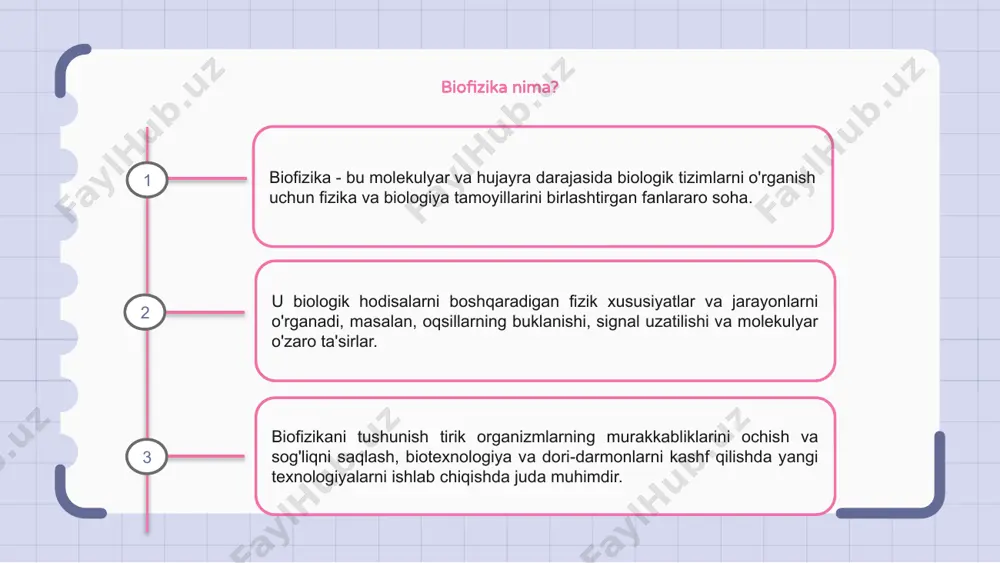 sohasi tirik organizmlarning nozik tomonlarini ochish uchun turli xil usullarni taklif etadi. biofizikaviy texnika va asboblar biofizikaga kirish fizika tamoyillari orqali biologik jarayonlarni o'rganishni, molekulyar o'zaro ta'sirlar va hujayra tuzilmalari kabi murakkab mavzularni o'rganishni o'z ichiga oladi. ushbu sohada biofizikaviy texnika va asboblar hal qiluvchi rol o'ynaydi, bu olimlarga biologik tizimlarning fizik xususiyatlarini aniqlik va aniqlik bilan kuzatish va o'lchash imkonini beradi. atom kuch mikroskopiyasidan floresans spektroskopiyasigacha bu vositalar biologik molekulalarning dinamik tabiati va molekulyar darajadagi hayotni boshqarish mexanizmlari haqida qimmatli tushunchalarni beradi. 1 2 3 nanotexnologiyada biofizikaning qo'llanilishi biofizika - bu biologik jarayonlarning fizik tamoyillarini o'rganadigan qiziqarli soha. nanotexnologiya kontekstida biofizika molekulalarning nano darajada o'zaro ta'sirini tushunishda hal qiluvchi rol o'ynaydi. biofizika usullaridan foydalangan holda tadqiqotchilar biologik molekulalarning xatti-harakatlarini kichik miqyosda o'rganishlari mumkin. bu bilim biologik tizimlarni manipulyatsiya qilishga tayanadigan nanotexnologiyalarni ishlab chiqish uchun zarurdir. biofizika va nanotexnologiyaning kesishishi tibbiyot, energetika va materialshunoslik sohalarida qo'llanilishi uchun yangi imkoniyatlarni taklif …
