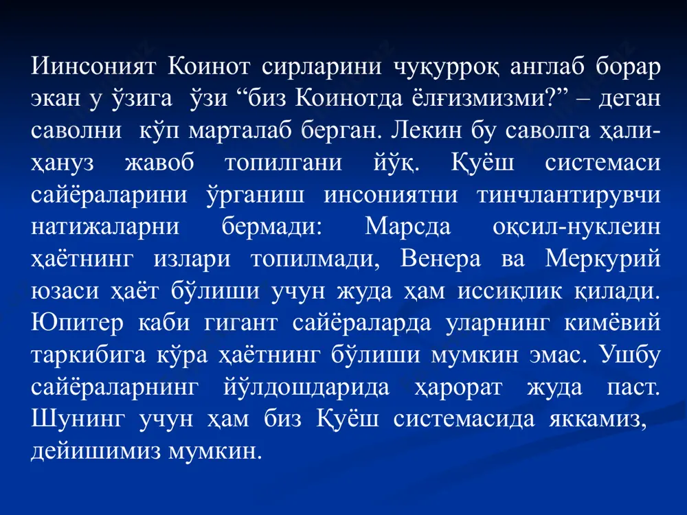 лескопи turli usullar yordamida topilgan ekzosayyoralar statistikasi (moviy-radial tezliklar usuli, ko’ktranzit usulu) 2011 yil 5 dekabrda “kepler” teleskopi yordamida kepler-22 zonasida birinchi o’tayer topildi. “kepler” teleskopi kepler-20 yulduzida yer o’lchamidan kichik (radiusi 0.87 yer radiusi, massasi 0.39 yer massasidan 1.67 yer massasigacha) bo’lgan kepler-20 e va massasi 0.45 ypiter massasiga teng kepler-20 f ekzoplanetalarini topdi. va nihoyat, 2012 yil 22 fevralda garvard-cmisston astrofizika markazi olimlari yerdan 40 yorug’lik yili narida suvdan tashkil topgan gj 1214 b ekzosayyorasini topishdi. sayyoraning qizil mitti yulduz atrofida aylanish davri 38 soatni tashkil etib, sayyora yulduzdan 2 million km masofada aylanar ekan. sayyora sirtidagi o’rtacha temperatura taxminan 230 °c ni tashkil etadi. ekzosayyoralarni ochish usullari 1. dopler usuli ушбу усулда юлдузнинг ҳаракат тезлиги унинг нурланиши ёрдамида ўлчанади. агарда юлдуз атрофида сайёра бўлса, у холда юлдузнинг нурий тезлиги ўзгариб туради ва бу ўзгаришни ўлчаш мумкин. ушбу ўзгаришлар асосида сайёранинг массаси, ўлчами, ўз юлдуздан узоқлиги каби параметрлари …