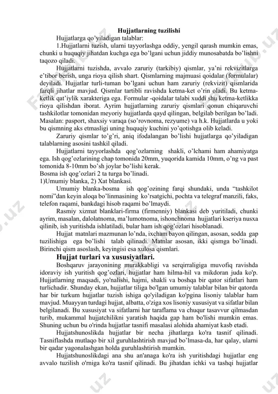 qilinadi. bu o‘z o‘rnida hujjatlarning axborotlarini rasmiy ravishda xolisligini yuzaga keltiradi. hujjatlar tilining o‘ziga xosligi shundaki, unda (trafaretli) so‘z qolipli va andozali so‘z birikmalari, gaplar qo‘llaniladi. bu jihati bilan ilmiy, matbuot, badiiy uslublardan farq qiladi. mustaqillik qo‘lga kiritilgandan keyingi davrda hujjatlar tilida ishlatilayotgan so‘zlar qatlami ayrim “eskirib qolgan” deb hisoblanadigan atamalar bilan to‘lgani aniq. masalan, bildirgi (bildirish), ma’lumotnoma, tavsifnoma, bayonnoma va boshqalar. hujjatlarning leksik xususiyatlaridan biri, unda trafaret, qolipli bir shaklda qo‘llaniladigan so‘zlar ishlatilishidadir: buyuraman, tasdiqlayman, ma’qullansin, eshitildi va b. hujjat tilida badiiy asarlarda qo‘llaniladigan o‘xshatish jonlantirish, tasviriy so‘zlar, shuningdek so‘zlashuv uslubiga xos shevaga oid hamda dag‘al so‘zlar, kitobiy-tantanavor so‘zlar uchramaydi, ishlatilmaydi. istagan holda so‘zlarni qisqartma shaklda berish qoidaga to‘g‘ri kelmaydi. umumqabul qilingan qisqartma so‘zlardan foydalanish mumkin. morfologik jihatdan ham hujjatlar tili o‘ziga xos, ya’ni unga erkalash-kuchaytirish qo‘shimchalari, subyektiv baho so‘zlari ishlatilmaydi. hujjatlarda 2 shaxs qo‘shimchasi qo‘llanilmaydi, chunki hujjatlar fe’lning 1 yoki 3 shaxs nomidan yoziladi. shu tufayli - man …