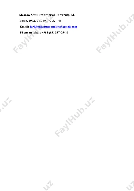 ofessionally oriented intercultural communication to students - future specialists in service and tourism. candidate of pedagogical sciences pyatigorsk, 2004. 4. abramenko l.a. reading medical literature in english: tutorial.am-2nd ed., revised and ext.-minsk: vyssh.shk., 1989.-120p. 5. alpatova l.i. the semantic structure of a text // methodology and psychology of teaching foreign languages / ed. by v.a. artemov, n.i. gez. - m.: m.i. torez moscow state pedagogical university. m. torez, 1972. vol. 69. - s.32 - 44 email: farkhodjontursunaliev@gmail.com phone number: +998 (93) 037-05-40