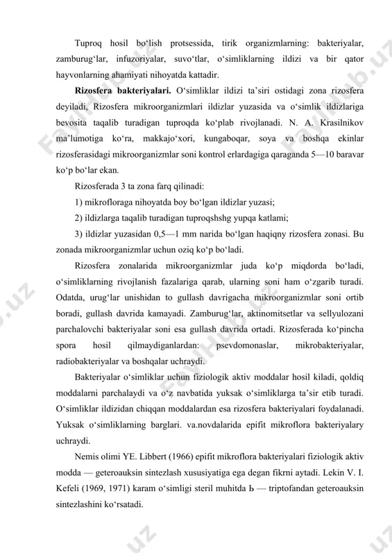eroauksin sintezlash xususiyatiga ega ekanligi ma’lum bo‘lgan. mikoriza. 1881 yili polyak olimi f. m. kamenskiy mikoriza hodisasini kashf etadi. o‘simliklar ildizi bilan zamburug‘lar orasidagi simbioz mikoriza deb ataladi. mikoriza ko‘pchilik daraxtlar va g‘alladoshlar oilasining vakillari orasida uchraydi. mikorizada zamburug‘ giflari o‘simlikning ildizlari orasiga o‘sib kiradi. mikophzani zamburug‘lardan fikomitsetlar, askomitsetlar va bazidiyali zamburug‘lar hosil qiladi. bu tabiatda keng tarqalgan hodisa bo‘lib, ektotrof va endotrof formalari bor. ektotrof mikorizada zamburug‘ giflari o‘simlik ildizini hamma tomondan o‘rab oladi, o‘simlikning ildiz tukchalari nobud bo‘lgan bo‘ladi. endotrof mikorizada zamburug‘ giflarining faqat bir qismigina ildizning yuza qismida bo‘lib, asosiy qismi ildizning parenxima hujayralari orasiga o‘sib kiradi, ildiz tukchalari tirik bo‘ladi. zamburug‘ giflari o‘simlik ildizining shimish yuzasini oshiradi, shu bilan birga o‘simlik o‘zlashtira olmagan anorganik va organik birikmalarni eritadi. o‘simlikni azot bilan ta’minlaydi, ya’ni organik koldiqlarni parchalab, ammiakli birikmalarga aylantiradi. buldan tashqari, mikoriza zamburug‘lari tuproqdan fosforli birikmalarni olishda ham o‘simlikka yordam beradi. buning hisobiga o‘simlik zamburug‘ni glyukoza …