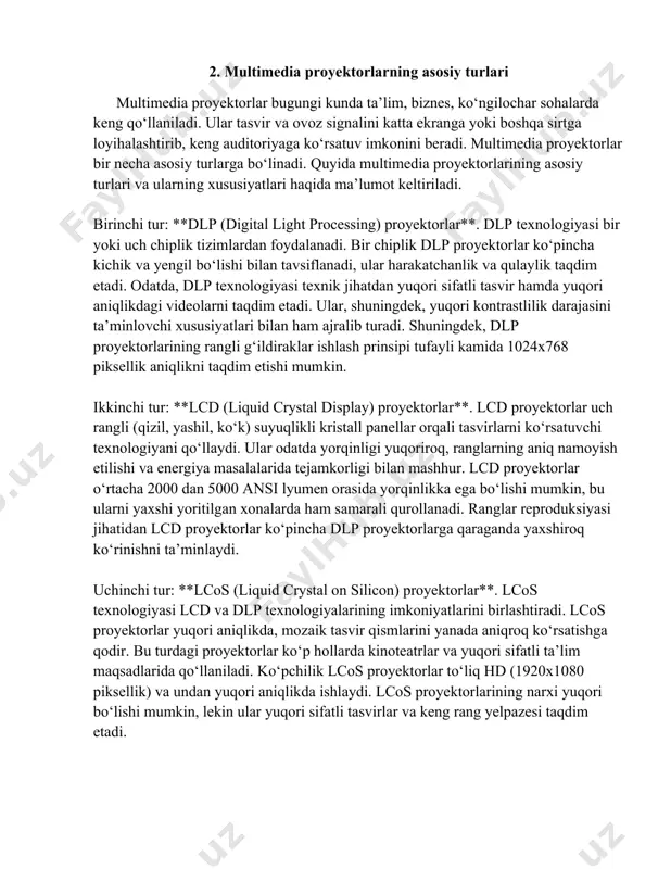 qurilmalardir, ammo ular o'rtasida ayrim muhim farqlar mavjud. quyida har bir texnologiya haqida batafsil ma'lumot va ularning farqlari haqida ma'lumot beriladi. 1. **kodoskop**: - kodoskoplar, odatda, sinf xonalari va kichik yig'ilishlarda ishlatiladigan an'anaviy proyektor turlaridan biridir. - ushbu qurilmalar asosan plastinka yoki qog'ozga tushirilgan matn yoki tasvirlarni devorga yoki oq taxtaga yoritish uchun mo'ljallangan. - kodoskoplar lampochkalar yordamida ishlaydi va unda joylashtirilgan ob'ektlar orqali yorug'lik o‘tkazadi. - kodoskoplarda optik linzalar bilan jihozlangan proyeksiya tizimi mavjud bo'lib, bu tizim orqali tasvirni kattalashtirib yuzaga chiqaradi. - kodoskoplar hozirda kamroq qo'llaniladi, chunki zamonaviy texnologiyalar uning o‘rnini egallagan. 2. **multimedia proyektorlar**: - multimedia proyektorlar ko'pincha taqdimotlar, filmlar, va turli xil interfaol dasturlarni yoritish uchun ishlatiladi. - bu turdagi proyektorlar raqamli signal manbalariga (masalan, kompyuter, dvd pleer, smartfon) ulanish imkonini beradi. - multimedia proyektorlar lcd (liquid crystal display), dlp (digital light processing) kabi texnologiyalar yordamida ishlaydi. - ushbu qurilmalar odatda yuqori ruxsatli (rezolyutsiyali) tasvirlarni chiqarishga …