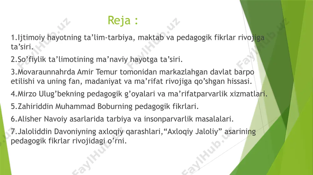 ga hurmat ko’rgazgan. adolat va insofga tayangan. fuqarolarga izzat-hurmat ko’rgazgan. azmu jazm bilan ish tutgan. raiyat ahvolidan doimiy ogoh bo’lgan. turku tojik, arabu ajamning turli toifalariga hurmat ko’rsatgan. do’stlarni unutmagan va ularga yordam bergan. har joyda sipohiylarni hurmat qilgan. “temur tuzuklari”dagi hikmatlar adovat emas, adolat yengadi. so’zlaguvchi gar nodon erur, tinglaguvchi dono o’lsin. ota bo’lmagan, ota qadrini bilmas. dushmandan qo’rqma, munofiqdan qo’rq. ishon. ammo shubha qil. kuch – adolatdadir. do’stlik sinovda chiniqadi. filning dumi bo’lguncha, chumolining boshi bo’l. botir jangda bilinar, dono – mashvaratda. birliksiz kuch bo’lmas. 7 ulug’bek davrida maktab islohoti 1417-yilda buxoroda, 1417-1420-yillarda samarqandda va 1433-yilda g’ijduvonda madrasalar qad ko’taradi. madrasalarda o’qish bosqichlari: 1. «anda» (kichik) – o’qish muddati 2 yil. 2. «aust» (o’rta) – o’qish muddati 3 yil. 3. «a’lo» (oliy) – o’qish muddati 3 yil. mirzo ulyg’bek tomonidan qanday islohotlar amalga oshirilgan? zahiriddin muhammad bobur ijodi bobur hayotiy esdaliklar yozish maktabini «boburnoma» asari orqali boshlab berdi. …