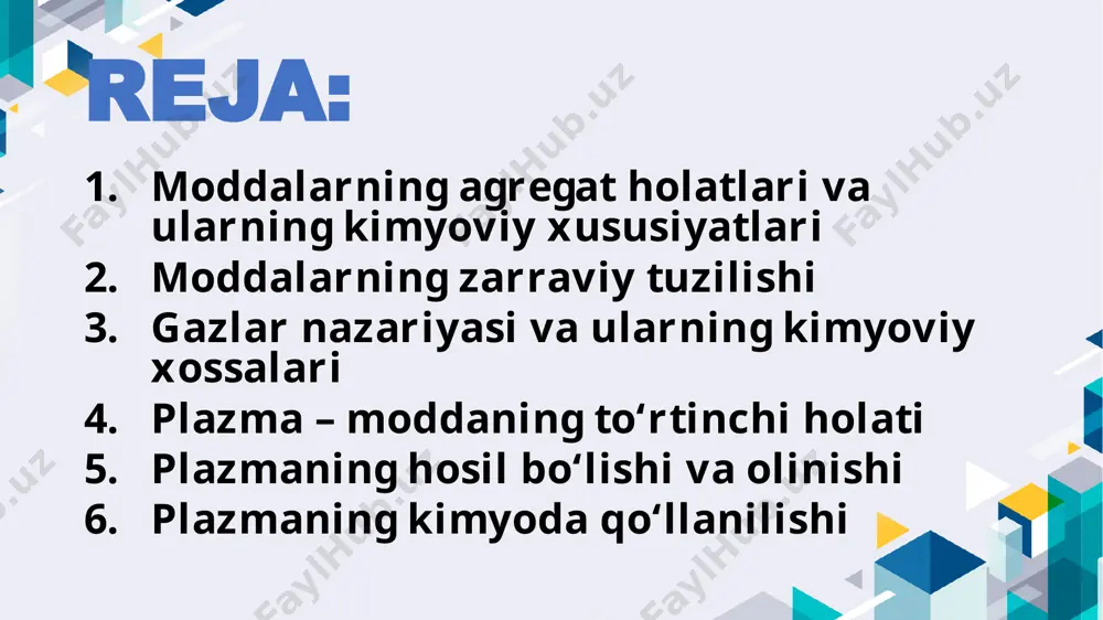 sh kuchi kuchliroq bo‘lib, ular o‘z hajmini saqlaydi, ammo shaklini idishga qarab o‘zgartiradi. gaz holati: zarrachalar juda katta masofada joylashgan, ular orasida tortishish kuchi deyarli yo‘q. molekulalar to‘qnashib, erkin harakatda bo‘ladi. gazlar idish shakliga va hajmiga to‘liq moslashadi. molekulalarning kinetik energiyasi eng yuqori darajada. har bir holatdagi zarrachalarning harakati va joylashuvi kinetik nazariya asosida zarrachalarning energiyasi: zarrachalar harakati harorat oshgani sari tezlashadi. har bir agregat holatda bu harakat miqdori o‘zgaradi. moddalarning fizik-kimyoviy o‘zgarishlari fizik o‘zgarish: moddaning tashqi ko‘rinishi yoki holati o‘zgaradi, lekin kimyoviy tarkibi o‘zgarmaydi. misollar: muzning erishi (qattiq → suyuq) suvning bug‘lanishi (suyuq → gaz) suvning muzlash jarayoni kimyoviy o‘zgarish: molekulalar o‘rtasidagi bog‘lar uziladi yoki yangi bog‘lar hosil bo‘ladi – yangi modda yuzaga keladi. misollar: 2. moddalarning zarraviy tuzilishi atom va molekulalarning shakllanishi atom – kimyoviy elementning eng kichik zarrasi bo‘lib, u yadro (proton va neytronlardan iborat) va uning atrofida harakatlanayotgan elektronlardan tashkil topgan. atom yadrosi musbat zaryadli: z=protonlar …