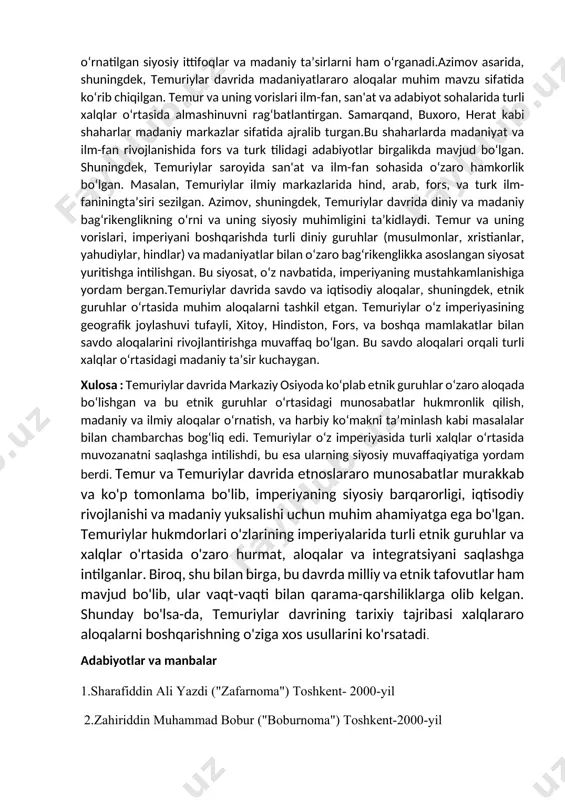 onliklar va afg‘onlar temuriylar davlatining diniy va siyosiy tizimida faol ishtirok etganlar. temuriylar o‘zining hukmronligini bu hududlarda ham kengaytirish uchun ko‘plab eronlik va afg‘on siyosatchilarini o‘z davlati tizimiga jalb qilishgan. sharafiddin ali yazdi ("zafarnoma") – bu asar temuriylar davridagi siyosiy va harbiy tarixni yoritadi. sharafiddin ali yazdi temur va uning davrining siyosiy aloqalarini, shu jumladan, etnik guruhlar o‘rtasidagi munosabatlarni batafsil tasvirlagan. yazdi asarida temurning turli xalqlar bilan aloqalari, mongollar, turklar, forslar va boshqa xalqlar o‘rtasidagi siyosiy va harbiy ittifoqlar muhim o‘rin tutadi.1. zahiriddin muhammad bobur ("boburnoma") bobur temuriylar avlodidan bo‘lib, o‘zining "boburnoma" asarida o‘zining shaxsiy tajribalari va hukmronlikdagi etnoslararo munosabatlar haqida yozgan. u o‘zining hayoti va davlat boshqaruvi, shuningdek, hindistondagi turli etnik guruhlar va madaniyatlar bilan munosabatlarini tafsilotli ravishda bayon qilgan. bobur davrida markaziy osiyo va hindiston o‘rtasida ko‘plab etnik guruhlar, shu jumladan, turklar, mo‘g‘ullar, hindlar va forslar o‘rtasidagi siyosiy aloqalar rivojlangan.temur, o‘zining siyosiy faoliyatida turli etnik guruhlarga nisbatan bag‘rikenglikni …