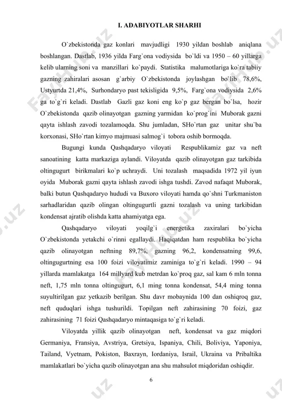 muborak, balki butun qashqadaryo hududi va buxoro viloyati hamda qо`shni turkmaniston sarhadlaridan qazib olingan oltingugurtli gazni tozalash va uning tarkibidan kondensat ajratib olishda katta ahamiyatga ega. qashqadaryo viloyati yoqilg`i energetika zaxiralari bо`yicha о`zbekistonda yetakchi о`rinni egallaydi. haqiqatdan ham respublika bо`yicha qazib olinayotgan neftning 89,7%, gazning 96,2, kondensatning 99,6, oltingugurtning esa 100 foizi viloyatimiz zaminiga tо`g`ri keladi. 1990 – 94 yillarda mamlakatga 164 millyard kub metrdan kо`proq gaz, sal kam 6 mln tonna neft, 1,75 mln tonna oltingugurt, 6,1 ming tonna kondensat, 54,4 ming tonna suyultirilgan gaz yetkazib berilgan. shu davr mobaynida 100 dan oshiqroq gaz, neft quduqlari ishga tushurildi. topilgan neft zahirasining 70 foizi, gaz zahirasining 71 foizi qashqadaryo mintaqasiga tо`g`ri keladi. viloyatda yillik qazib olinayotgan neft, kondensat va gaz miqdori germaniya, fransiya, avstriya, gretsiya, ispaniya, chili, boliviya, yaponiya, tailand, vyetnam, pokiston, baxrayn, iordaniya, israil, ukraina va pribaltika mamlakatlari bо`yicha qazib olinayotgan ana shu mahsulot miqdoridan oshiqdir. korxona balansida 62 …
