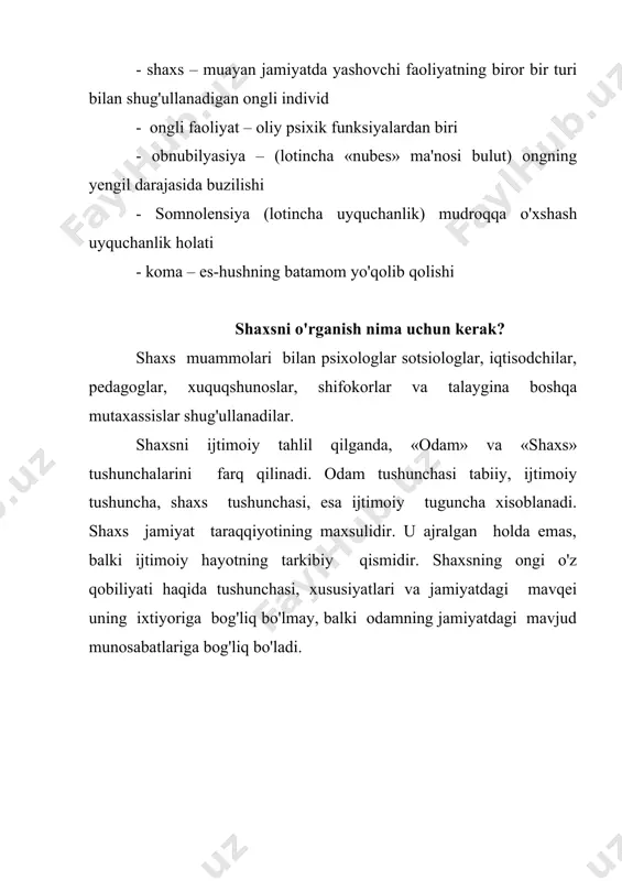 bilan o'tadigan yuqumli kasalliklar (tepkili terlama, bezgak, zotiljam va boshqalar). es-xushning aynishi bir necha sekunddan tortib bir necha oyga cho'zilishi mumkin. (esning kirarli-chiqarli bo'lib turishi, ambulator avtomatizm, isterik letorgiya va boshqalar). es-xush aynishining ongning yo'qolishi, buzilishi, to'xtashi tipidagi xillari quyidagilar: obnubilyatsiya (lotincha nubes ma'nosi bulut) ongning eng yengil darajada buzilishi, ong bir necha daqiqa xiralashib tuman bosgandek bo'lib qoladi tevarak atrofdagi vaziyatni bilish, tanish buzilmaydi, obnubilyasiyadan keyin amneziya bo'lmaydi. somnolentsiya. (lat. uyquchanlik) mudroqqa o'xshash uyquchanlik xolati bo'lib, ancha uzoq davom etadi. tevarak atrofni taniydi, amneziya bo'lmaydi. karaxtlik, es xushning ancha chuqurroq aynishi. 3 ta darajasi farqlanadi. a) yengil b) o'rta b) qattiq a) yengil-kasal uyquchan sekin, kam gapiradi, charchoq uyqusi kelayotganidan noliydi. b) o'rta uyquchanlik ancha kuchayadi, kasal o'z xolicha gapirmaydi savollarga ancha kechikib bo’lsa ham javob beradi. b) qattiq-kasal uxlab yotadi qattiq chaqirish silkitish bilan arang chaqirsa bo'ladi, savollarga kechikib bir hilda javob beradi. sopor - kasal qattiq og'riq …