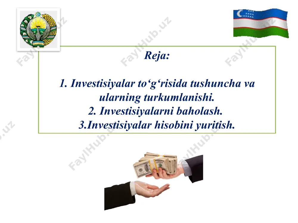 a va ularning turkumlanishi investitsiya turlari moliyaviy investitsiyalar — xo‘jalik sub'ekti tasarrufidagi (foiz, royalti, dividend va ijara haqi shaklida) daromad olishga mo‘ljallangan, investisiya qilingan kapital qiymatining ortishi yoki investisiya qiluvchi kompaniyaning boshqa naf olish uchun foydalanadigan aktivlar qisqa muddatli (joriy) investitsiyalar - muomalada bo‘lish muddati 12 oydan oshmaydigan oson realizasiya qilinadigan investitsiyalar 1. investitsiyalar to‘g‘risida tushuncha va ularning turkumlanishi investisiya turlari uzoq muddatli investisiyalar — qisqa muddatli (joriy) investisiyadan tashqari barcha investisiyalar ko‘chmas mulkka investisiya — investisiya qiluvchi sub'ektning yoki investisiya qiluvchi sub'ekt guruhiga kiruvchi boshqa sub'ektning ishlab chiqarish faoliyati davomida foydalanilmaydigan yer maydonlariga yoki imoratlarga investisiyalar 1. investisiyalar to‘g‘risida tushuncha va ularning turkumlanishi 2. бухгалтерия ҳисоби счётлари ва унинг тузилиши moliyaviy investisiyalarni baholash moliyaviy investisiyalarni xarid qilishda sotib olish qiymati bo‘yicha baholanadi va bu qiymatga brokerlar xizmati uchun to‘langan haq, bank xizmati uchun to‘lovlar, bojlar va boshqa xarajatlar kiritiladi 2. investisiyalarni baholash va ular hisobini yuritish baholash: agar investisiya …