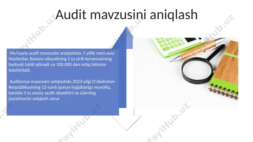 b identifikatori va 15 ta atributlari bilan alohida audit ob'ekti bo'lib, ularning holati va xususiyatlarini aniqlash uchun tekshiriladi. 2023 yil moliyaviy hisobotlaridagi 300 ta operatsiya, har biri turli xil parametrlarga (sana, miqdor, manba) ega bo'lib, audit jarayonida mustaqil ob'ekt sifatida ko'rib chiqiladi va samarqanddagi tekshiruvchilar tomonidan tahlil qilinadi. tavsiyalar va takliflar тошкент шаҳридаги 5 та йирик корхонада ўтказилган 2023 йилги аудит натижаларига кўра, молиявий ҳисоботларда 10 тадан ортиқ камчилик аниқланди, бу эса солиқ тўловларида ноаниқликларга олиб келиши мумкин. сурхондарё вилоятида жойлашган 7 та кичик бизнес субъектларида амалга оширилган аудит жараёнида, ҳужжат юритишдаги 8 та муаммо аниқланиб, тегишли тавсиялар ва 2-босқич текширувлар учун таклифлар ишлаб чиқилди. audit ob'ektlarini tanlash mezonlari юқори хатолик эҳтимолига эга бўлган 5 та асосий операция турини, жумладан, экспорт-импорт операциялари ва 100.000 доллардан ортиқ суммадаги тўловларни ўз ичига олган объектларни танлашда устуворлик берилади. маълумотлар базасидаги 15 тадан ортиқ хатолик ҳолатлари аниқланган тизимлар ва бўлимлар, шунингдек, самарқанд вилоятида жойлашган …