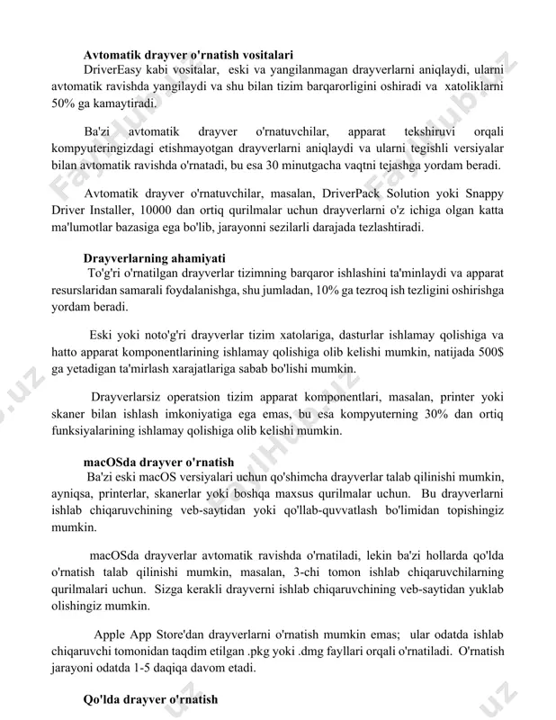 i va xatoliklarni 50% ga kamaytiradi. ba'zi avtomatik drayver o'rnatuvchilar, apparat tekshiruvi orqali kompyuteringizdagi etishmayotgan drayverlarni aniqlaydi va ularni tegishli versiyalar bilan avtomatik ravishda o'rnatadi, bu esa 30 minutgacha vaqtni tejashga yordam beradi. avtomatik drayver o'rnatuvchilar, masalan, driverpack solution yoki snappy driver installer, 10000 dan ortiq qurilmalar uchun drayverlarni o'z ichiga olgan katta ma'lumotlar bazasiga ega bo'lib, jarayonni sezilarli darajada tezlashtiradi. drayverlarning ahamiyati to'g'ri o'rnatilgan drayverlar tizimning barqaror ishlashini ta'minlaydi va apparat resurslaridan samarali foydalanishga, shu jumladan, 10% ga tezroq ish tezligini oshirishga yordam beradi. eski yoki noto'g'ri drayverlar tizim xatolariga, dasturlar ishlamay qolishiga va hatto apparat komponentlarining ishlamay qolishiga olib kelishi mumkin, natijada 500$ ga yetadigan ta'mirlash xarajatlariga sabab bo'lishi mumkin. drayverlarsiz operatsion tizim apparat komponentlari, masalan, printer yoki skaner bilan ishlash imkoniyatiga ega emas, bu esa kompyuterning 30% dan ortiq funksiyalarining ishlamay qolishiga olib kelishi mumkin. macosda drayver o'rnatish ba'zi eski macos versiyalari uchun qo'shimcha drayverlar talab qilinishi …