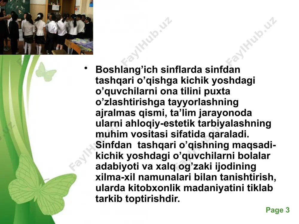 tabiatini, kishilarning mehnati, hayoti, ularning qilayotgan ishlari va ko’rsatayotgan qahramonliklarini, bolalar hayotidan olingan voqealarni, bolalarning o’yinlari, ertaliklari, orzu istaklarini hikoya qilib beradi. bu borada ertaklar katta ahamiyatga ega. free powerpoint templates page ‹#› sinfdan tashqari o’qish mashg’ulotlari sinfdan tashqari o’qish mashg’ulotlari o’qish darslari bilan bog’lab olib boriladi. o’quvchilar o’ituvchi rahbarligi ostida avval mavzuga oid bir nechta kitob bilan tanishsalar, so’ngrabolalarning qiziqishlariga mos, ruhiyatlariga yaqin har xil mualliflarning bir mavzuga doir kitoblarini mustaqil tanlab o’qishga o’tadilar. bunda asosan o’qituvchi o’quvchilarni maktab kutubxonasiga, 3-4 sinflardan boshlab tuman yoki shahar kutubxonasiga sayohat uyushtirib, bolalar adabiyoti bilan muntazam tanishtirib boradi. shuningdek bolalar gazeta va jurnallari ham o’quvchilarga ertak, hikoyalar o’qishga yordam beradi. free powerpoint templates page ‹#› kelajagimiz bo’lgan yosh avlodni milliy qadriyatlarimazni bilgan holda aqlan yetuk, jismonan sog’lom qilib tarbiyalash biz murabbiylar, ustozlar zimmasidadir. shunday ekan mashaqqatli ammo sharafli kasbimizni sidqidildan bajarishda izlanuvchan ijodkor bo’lishimiz zarurdir. chunki yurtboshimiz aytganlaridek “farzandlarimiz bizdan ko’ra kuchli, …