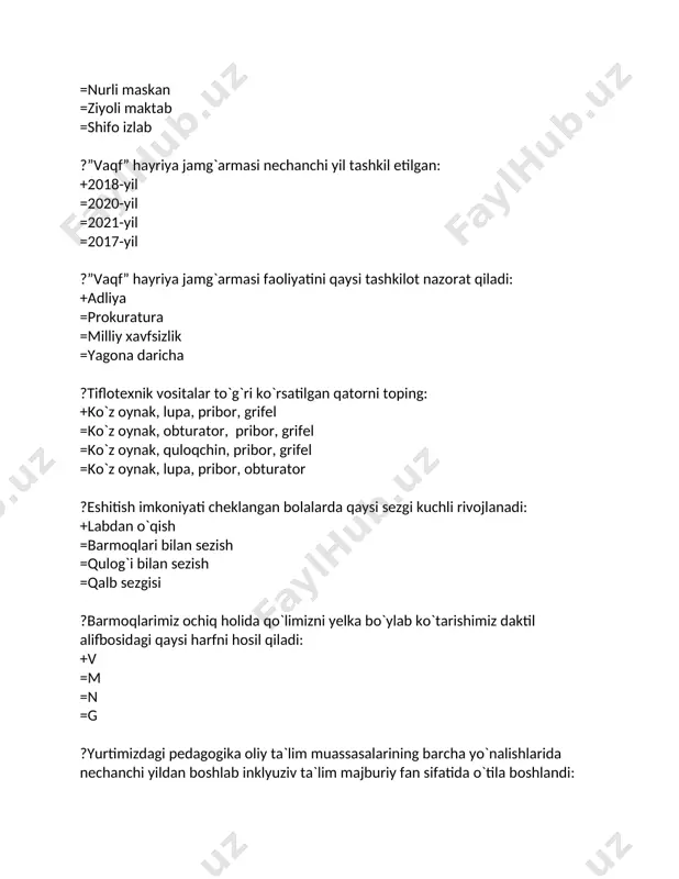 atida o`tila boshlandi: +2023-2024-o`quv yilidan =2024-2025-o`quv yilidan =2022-2023-o`quv yilidan =2020-2021-o`quv yilidan ? o`zbekistonda 2023-yil qanday nomlandi: +”insonga e`tibor va sifatli ta`lim” yili =”insonga e`tibor va ta`lim” yili =”qariyalarni ezozlash” yili =”sifatli ta`lim” yili ?qachondan boshlab jahon miqiyosida insonparvarlik va kamsitishlarga yo‘l qo‘ymaslik g‘oyasi ilgari surildi? +1970-1980 yillar =1980-1990 yillar =1975-1991 yillar =1975-1985-yillar ? inklyuziv ta’limning prinsiplari nechta + 8ta =5 ta =7 ta =9 ta ? inklyuziv ta’lim tizimini joriy qilishda nechta tamoyillarga asoslaniladi. + 7 ta tamoyil =5 ta tamoyil =6 ta tamoyil =3ta tamoyil ?1990 -yildan buyon maxsus ehtiyojli bolalrni umum ta’lim muassasalari tizimida o‘qitish borasida bir qancha jahon miqiyosida dekloratsiyalar va qarorlar qabul qilindi bu qaysi tamoyilning mazmuni hisoblanadi? + inklyuziv ta’limning e’tirof etilishi = inklyuziv ta’limning barcha uchun ochiq bo‘lishi tamoyili. =markazlashtirilmagan bo‘lishi tamoyili. =malakaviylik tamoyili ?inklyuziv ta`limda metodik yordam turlari to`g`ri ko`rsatilgan qatorni belgilang: +sinf o`qituvchisiga maslahat va yordam berish, maxsus metodik qo`llanma va materiallar …