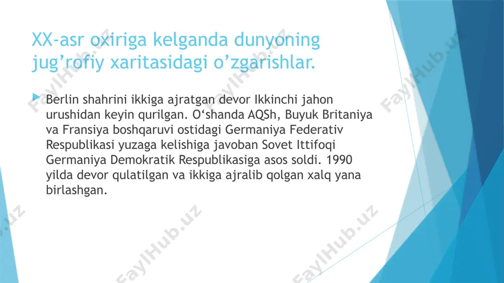 sodiyotida va jahon siyosatida muhim rol o'ynaydi. xx-asr oxiriga kelganda dunyoning sisosiy xaritasidagi o’zgarishlar. aqsh davlati o‘zbekiston respublikasi bilan davlatlararo aloqalarni mustaqillikning dastlabki yillaridayoq yo‘lga qo‘ydi. 1992 yil 15–16 fevral kunlari aqsh davlat kotibi jeyms beyker o‘zbekistonga rasmiy tashrif buyurdi va ikki davlat o‘rtasida diplomatik aloqalar o‘rnatildi. toshkentda birinchi bo‘lib aqshning elchixonasi ochildi. 1993-yil 14 sentabrda aqsh davlat departamentining maxsus topshiriqlar bo‘yicha elchisi strob talbot o‘zbekistonga kelib, o‘zbekiston prezidenti bilan hamkorlik qilish masalalarida suhbatlashdi. 1993 yil 6 aprelda aqsh mudofaa vaziri uilyam persi yurtimizga keldi, o‘zbekistonning nato “tinchlik yo‘lida hamkorlik” dasturida ishtiroki muhokama qilindi. aqsh armiyasi o‘quv-mashq markazida bo‘lib o‘tgan tinchlikni ta’minlash maqsadidagi harbiy mashqlarda o‘zbekiston qurolli kuchlari vzvodi ishtirok etdi. o‘zbekiston bilan aqsh o‘rtasida sarmoyalarni rag‘batlantirish va o‘zaro himoya qilish, ikki yoqlama soliq olmaslik to‘g‘risida shartnomalar tuzildi. foydalanilgan adabiyotlar: https://kun.uz/uz/news/2017/10/08/xx-asrda-dune-haritasidan-gojib-bulgan-9-mamlakat https://farbitis.ru/uz/economic-geography/chronology-of-the-change-of-the-political-map-of-the-world-modern-political-map-of-the-world/ https://ief-usfeu.ru/uz/etapy-izmeneniya-politicheskoi-karty-mira-kratkaya-istoriya-formirovaniya/ image1.png