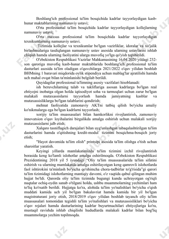 taqilligi bosqichma-bosqich rivojlantirib borilmoqda. keyingi yillarda o'zbekiston respublikasi prezidenti va vazirlar mahkamasining yetmishga yaqin farmon, qaror va farmoyishi qabul qilindi. bu tom ma'noda ta'lim tizimidagi o'zgarish va yangilanishlar jarayonini boshlab berdi. umumta'lim maktablariga 2017 yilda 10-sinfga o'quvchilar qabul qilish qayta yo'lga qo'yildi. bu akademik litsey va kasb-hunar kollejlariga qabul jarayoni bilan barobar olib borildi. bunda ota-onalar va o'quvchilarning xohish-istaklari inobatga olindi. 2020 yil 23 sentyabr kuni “ta'lim to'g'risida”gi qonun yangi tahrirda qabul qilindi.qonundagi eng muhim o'zgarishlar quyidagilardir: - qonunga ta'lim va tarbiyaga milliy hamda umuminsoniy qadriyatlarning singdirilganligi printsipi kiritildi. - 11 yillik ta'limning hamda 6 yoshdan 7 yoshgacha bo'lgan bolalarni bir yil davomida umumiy o'rta ta'limga tayyorlashning majburiyligi o'rnatildi; - nodavlat ta'lim tashkilotlari tomonidan umumiy o'rta va o'rta maxsus ta'limning amalga oshirilishi mumkinligi mustahkamlandi; ta'lim olishning quyidagi shakllari belgilandi: - ishlab chiqarishdan ajralgan holda ta'lim olish (kunduzgi); - ishlab chiqarishdan ajralmagan holda ta'lim olish (sirtqi, kechki, masofaviy, dual); - oilada …