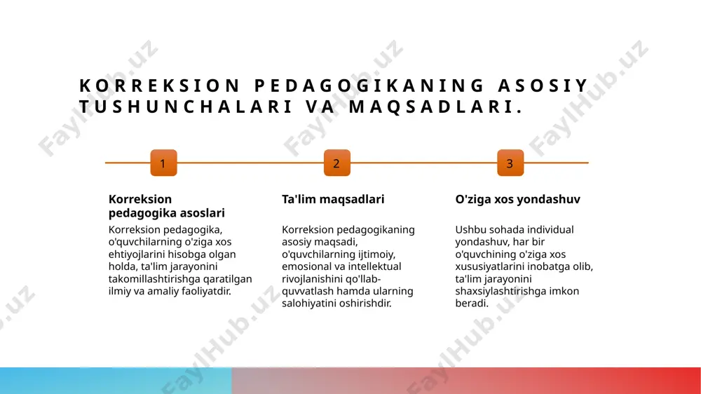 ojlariga mos ravishda ta'limni moslashtirish imkonini beradi. 3 o'qitish samaradorligi ushbu texnologiyalar o'qitish samaradorligini oshirib, o'quvchilarning faol ishtirokini rag'batlantiradi, natijada ta'lim jarayoni yanada qiziqarli va samarali bo'ladi. ta'lim metodlarining asosiy turlari va ularning ahamiyati. an'anaviy metodlar an'anaviy ta'lim metodlari, dars o'tish jarayonida ma'lumotlarni to'g'ridan-to'g'ri o'quvchilarga yetkazish usullarini o'z ichiga oladi. interaktiv metodlar interaktiv metodlar o'quvchilarning faol ishtirokini ta'minlaydi va ularni muhokama, jamoa ishlariga jalb qiladi, bu esa o'rganishni yanada samarali qiladi. innovatsion metodlar innovatsion ta'lim metodlari zamonaviy texnologiyalarni o'z ichiga oladi, masalan, onlayn ta'lim va multimedia vositalari, o'quv jarayonini qiziqarli va samarali qiladi. korreksion pedagogikada vositalar va ularning qo'llanilishi. 1 korreksion vositalar korreksion pedagogikada vositalar ta'lim jarayonini samarali o'tkazish uchun muhim ahamiyatga ega. ular o'quvchilarning individual ehtiyojlariga moslashtiriladi. 2 ta'lim texnologiyalari innovatsion ta'lim texnologiyalari, masalan, multimedia va interaktiv dasturlar, o'quvchilarning diqqatini jalb qilish va o'quv jarayonini qiziqarli qilishda yordam beradi. 3 o'qitish metodlari korreksion pedagogikada turli o'qitish metodlari, masalan, o'yin, …