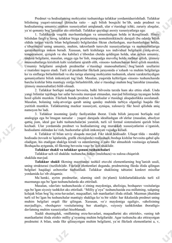 ng uchun ham inson bevosita seza oladigan belgilari haqida ma`lumotlar olinadi. hissiy bilishning barcha shakllariga xos bo`lgan xususiyatlari qatoriga quyidagilar kiradi: birinchidan, hissiy bilish ob`ektning (predmetning yoki uning birorta xususiyatining) sub`ektga (individga, to`g’rirog’i, uning sezgi organlariga) bevosita ta`sir etishini taqozo etadi. tasavvur ham bundan istisno emas. unda obrazi qayta hosil etilayotgan (yoki yaratilayotgan) predmet emas, u bilan bog’liq bo`lgan boshqa predmet–signal ta`sir etadi. ikkinchidan, hissiy bilish shakllari: sezgi, idrok va tasavvur predmetning tashqi xususiyatlari va munosabatlarini aks ettiradi. uchinchidan, hissiy bilish shakli predmetning yaqqol obrazidan iborat. to`rtinchidan, hissiy bilish konkret individlar tomonidan amalga oshirilganligi uchun ham har bir alohida holda konkret insonning sezish qobiliyati bilan bog’liq tarzda o`ziga xos xususiyatga ega bo`ladi. beshinchidan, hissiy bilish bilishning dastlabki va zaruriy bosqichi hisoblanadi. usiz bilish mavjud bo`la olmaydi. chunki inson tashqi olam bilan o`zining sezgi organlari orqali bog’langan. bilishning keyingi bosqichi, boshqa barcha shakllari sezgilarimiz bergan ma`lumotlarga tayanadi. bundan kelib chiqadigan xulosa …