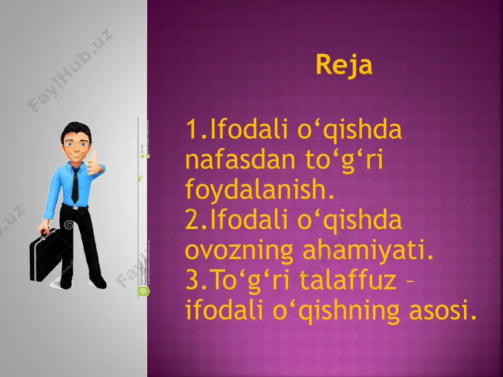 ng toza, sog‘lom bo‘lishi ovozning ohangdor, jarangli va ta’sirchan bo‘lishini ta’minlaydi. qaytarg‘ichlar inson organizmidagi qattiq qismlardan iborat bo‘lib, ular rezonatorlar deb ham yuritiladi. inson vujudidagi qaytarg‘ichlar jumlasiga tish, jag‘, tog‘ayning kemirchaklari, burun tog‘aylari, bosh suyagi, ko‘krak qafasi suyaklari va yelka kuraklari kiradi. paychalarda bo‘lgan tovush ovoz yo‘li orqali o‘tadi, o‘tish paytida ana shu qattiq jismlarga urilishi natijasida jarangdorlik va turli ohang kasb etadi. inson ovozi baland-pastligi, yo‘g‘on-ingichkaligiga qarab bir necha turga bo‘linadi. masalan, turlanish jihatidan erkaklar ovozi tenor (baland va ingichka), baraton (o‘rtacha) va bas (past va yo‘g‘on) ovozlarga, ayollar ovozi esa soprano (o‘rtacha) va alt (past va yo‘g‘on) ovozlarga bo‘linadi. ovozning “tembri chiroyli”, “tembri хunuk” degan iboralar aslida muayyan shaхsning ovozi sifatiga berilgan bahodir. nutq so‘zlash jarayonida ovozning balandlashib va pasayib turishi modulyatsiya deb yuritiladi. so‘z ijrochiligi san’atida ovoz modulyatsiyasining ahamiyati juda katta. chunki bir хil ohangdagi monoton ovoz zerikarli bo‘lsa, modulyatsiyaga boy ovoz o‘zining ohangdorligi bilan tinglovchiga хush …