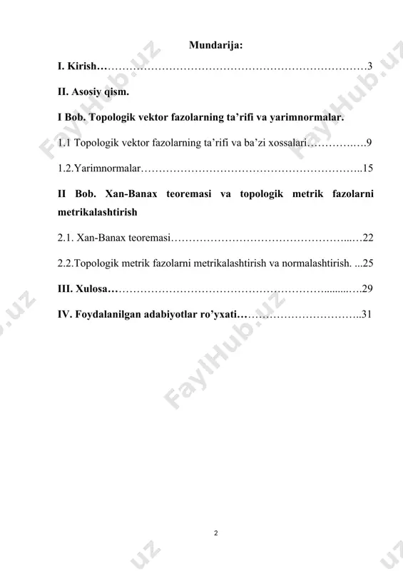 bo'yicha nazariy bilimlarini shakllantirish, masalalar yechishda malaka va ko'nikmalar hosil qilish, hamda ularda integral tenglamalar bilan ishlash mahoratini paydo qilishdan iborat. kurs ishini o'qish jarayonida talabalar o'zlarining matematik analiz, chiziqli algebra va geometriyadan olgan bilimlarini to'ldiradilar, hamda ularni funksional fazolarga moslab qo'llaydilar, ya'ni mustahkamlaydilar. talabalar chiziqli funksional va operator tushunchalari bilan tanishadilar va ularning asosiy xossalarini o'rganadilar. cheksiz o'lchamli funksional fazolarni o'rganish jarayonida o'quvchilar funksional analizning kuchli va nozik usullarini tushunishga biroz qiynaladilar, lekin tushunib yetganlaridan keyin o'zlarida ilmga undovchi qandaydir ichki kuch sezadilar. bu kuch ta'siri ularda cheksiz o'lchamli fazolarda har qanday fundamental ketma-ketlik yaqinlashuvchi bo'lavermasligi va birlik sharning kompakt bo'lmasligini tushunib yetganlarida namoyon bo'ladi. o'zmu va samduda funksional analiz hamda funksional analiz va integral tenglamalar fanidan ma'ruza va amaliy mashg'ulotlar olib boruvchi professor-o'qituvchilarning ko'p yillik ish tajribalari asosida yozilgan. kur ishi ta'rif, teorema, lemma va formulalar alohida nomerlangan. tajribalarimizdan kelib chiqib aytishimiz mumkinki, bu kitob yosh mutaxassislarga funksional …