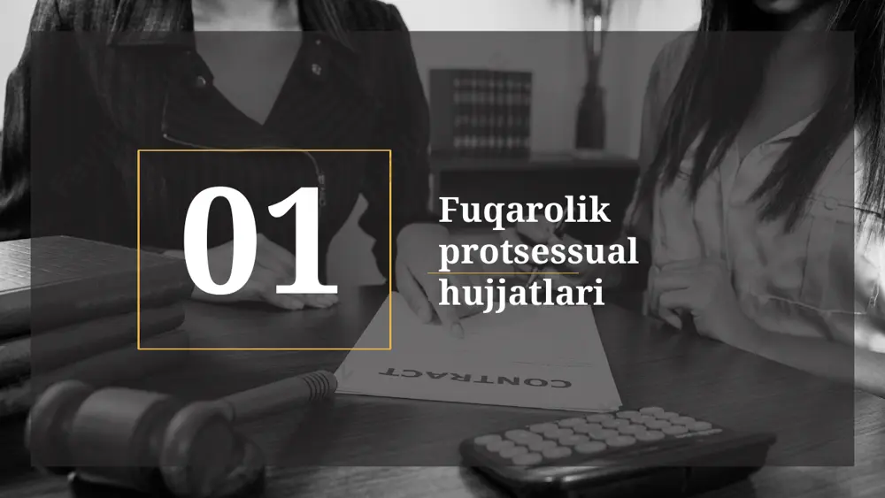 atlanadigan va muhofaza etiladigan asosiy huquqlarini oʻz ichiga oladi. huquq davlat boʻlib uyushgan jamiyatda paydo boʻladi va mulkchilik munosabatlarini, xoʻjalik aloqalari mexanizmini mustahkamlaydi, mehnat va uning mahsulotlarini jamiyat aʼzolari o'rtasida muayyan oʻlchov va shakllarda taqsimlab turuvchi vazifasini oʻtaydi (fuqarolik huquqi, mehnat huquqi)vakolatli organlar, davlat boshqaruvi organlari shakllanishi, tartibi, faoliyatini belgilab beradi, nizolarni qay yoʻsinda hal qilish kerakligini, mavjud ijtimoiy munosabatlarni buzishga qarshi kurash choralarini (jinoyat huquqi, protsessual huquqi) belgilaydi, shaxslar oʻrtasidagi munosabatlarning xilma-xil shakllariga taʼsir koʻrsatadi (oilaviy huquq ). huquq normalari boshqa ijtimoiy tartibga soluvchi normalar (din, axloq, odat va boshqalar)dan oʻzining majburiyligi bilan ajralib turadi. yurisprudensiya huquq ijtimoiy normalarning alohida tizimi sifatida, huquqning alohida tarmoqlarini, davlat va huquq tarixini, davlat va umuman siyosiy tizimning faoliyatini oʻrganuvchi fan davlat tilida ish yuritish [m .aminov],a.madvaliyev,n.mahkamov, n.mahmudov,y.odilov «o'zbekiston nashriyoti» toshkent-2020 fuqarolik ishlari bo‘yicha protsessual hujjatlar ( o‘ quv qo‘llanma ) toshkent – 2016 foydalanilgan adabiyotlar: image1.jpg image2.jpg image3.jpg image4.jpg image5.jpg image6.jpg image7.jpg …