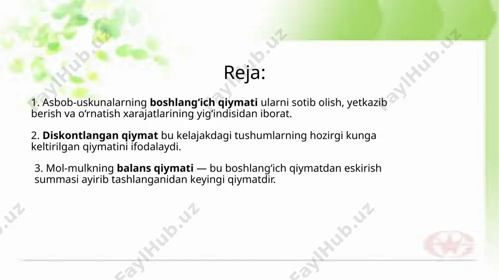 ilan bog‘liq texnik xizmatlar xarajatlari ham hisobga olinadi. shu tarzda shakllangan boshlang‘ich qiymat, aktivning butun hayotiy davrida amalga oshiriladigan buxgalteriya hisoblarining boshlang‘ich nuqtasi hisoblanadi. 2. diskontlangan qiymat bu kelajakdagi tushumlarning hozirgi kunga keltirilgan qiymatini ifodalaydi. diskontlangan qiymat — bu iqtisodiy qarorlar qabul qilishda kelajakda olinadigan foyda yoki tushumlarning bugungi kundagi qiymatini aniqlash usulidir. bu tushuncha investorlar, tadbirkorlar yoki moliyaviy tahlilchilar tomonidan loyihalarning foydaliligini baholashda keng qo‘llaniladi. diskontlash orqali ma’lum vaqt davomida olinadigan pul oqimlari tanlangan diskont stavkasi asosida hozirgi kunga keltiriladi. bu jarayon orqali kelajakdagi tushumlar hozirgi vaqtda qanday qiymatga ega ekanligi aniqlanadi. shuningdek, diskontlangan qiymat investitsiya loyihalarining samaradorligini taqqoslashda, uzoq muddatli qarorlar qabul qilishda muhim ahamiyatga ega. bu qiymat qanchalik katta bo‘lsa, loyiha yoki aktiv shunchalik jozibador hisoblanadi. diskontlangan qiymat – bu iqtisodiy tahlilda keng qo‘llaniladigan tushuncha bo‘lib, u kelajakda olinishi kutilayotgan tushum yoki foydaning bugungi kundagi qiymatini ifodalaydi. bu yondashuv pulning vaqt o‘tishi bilan o‘z qiymatini yo‘qotishini hisobga …