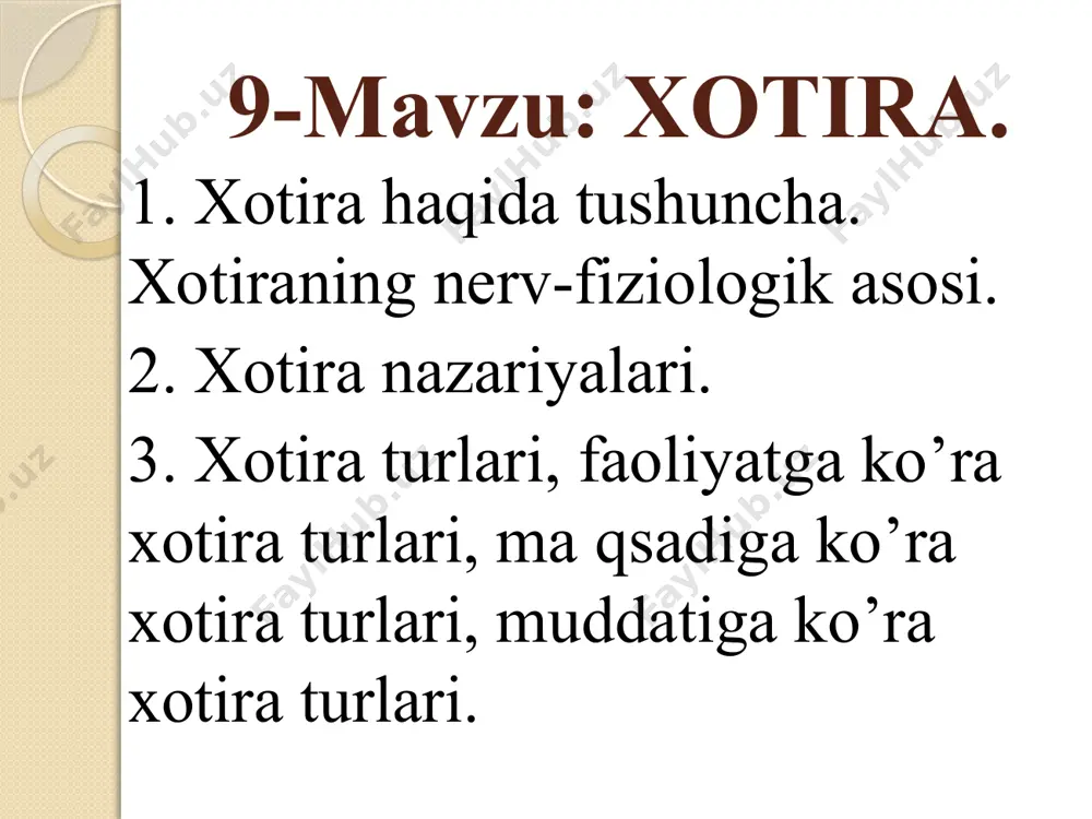 stlik - shovqin-suronli shaharga kelib qolsam tinch qishloq hayotini eslayman. o’xshashlik - tanishimni portretini ko'rsam, uni o'zini ham eslayman. ilgari idrok qilingan narsa va hodisalar obrazlarining ongimizda qayta gavdalanishiga tasavvur deb ataladi. tasavvurlar tufayli ayni paytda ko'z o'ngimizda bo'lmagan lekin ilgari idrok qilgan narsalarni aks ettira olamiz. odatda mazmun jixatdan ikki xil tasavvur ya'ni xotira tasavvuri va xayoliy tasavvur farqlanadi. xotira tasavvuri ilgari idrok qilingan, ya'ni ilgari o'z shaxsiy tajribamizda bo’lib o'tgan, lekin hozir ko'z o'ngimizda bo'lmagan narsalarning obrazlarini ongimizda gavdalantirishdan iboratdir. xayoliy tasavvur xotira tasavvuriga qaraganda murakkab bo’lib, ongimizdagi bilimlarimiz, tajribamiz asosida ilgari idrok qilinmagan, shu paytgacha turmush tajribamizda uchratmagan narsalarning obrazlarini yaratishdan iboratdir. umumiy tasavvur deb bir jins, bir tur, bir guruhni tashkil qilgan narsalarning obrazlarini tasavvur etishga aytiladi. xotira jarayonlari esda olib qolish saqlash esga tushurish ixtiyorsiz esga tushirish deganda biz o'z oldimizga ma'lum bir maqsad qo'ymasdan va irodaviy kuch sarf qilmasdan esga tushirishni tushunamiz. ixtiyoriy esga …