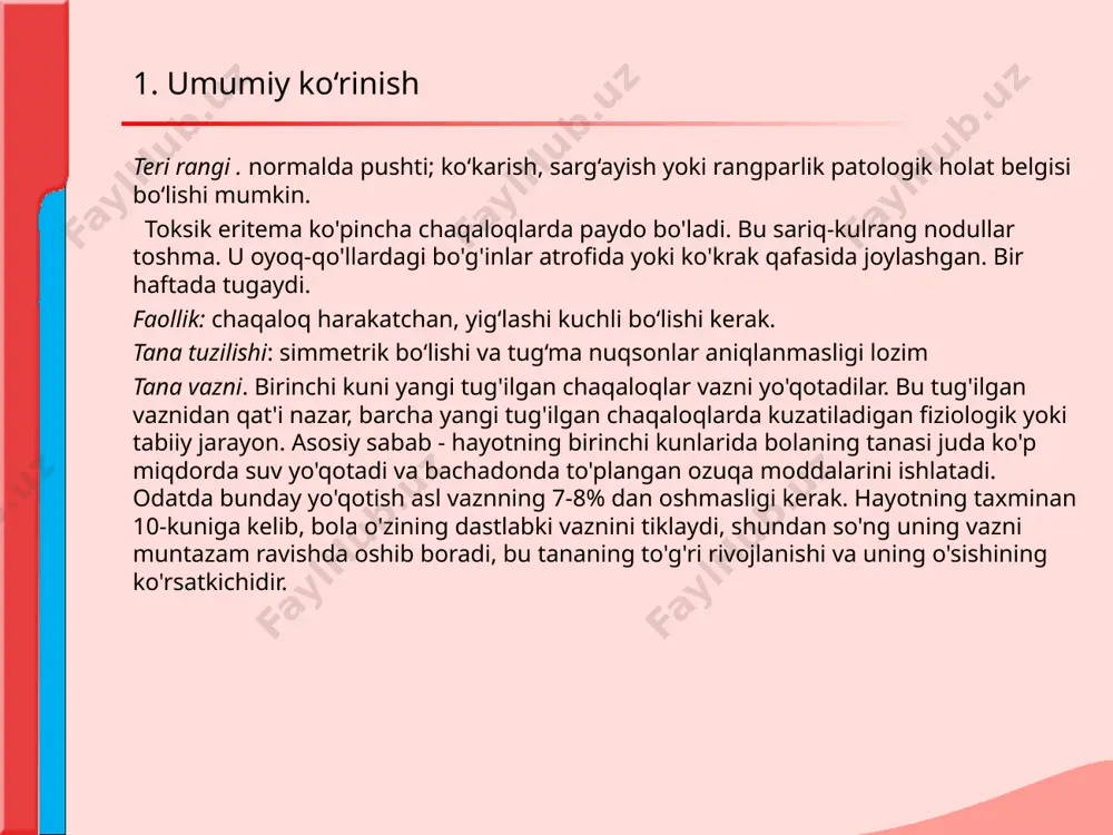 ak? a) asimmetrik b) harakatsiz c) simmetrik d) notekis 9.yangi tug‘ilgan chaqaloqlarda harorat normalda qanday bo‘ladi? a) 35.5–36.0 b) 36.5–37.5 c) 37.5–38.5 d) 38.0–39.0 10.neonatal reflekslar nechanchi oyga kelib so‘nadi? a) 1–2 oy b) 3–4 oy c) 6–12 oy d) 18 oy 11.tashqi ko‘rikda birinchi navbatda nima baholanadi? a) yig‘isi b) ko‘z rangi c) umumiy holat va teri rangi d) bosh aylanasi 12. 3 kunlik chaqaloq terisi sarg‘aygan, umumiy holati yaxshi, emishi faol, harorat me’yorda. eng ehtimoliy tashxis? a) gemolitik kasallik b) sepsis c) fiziologik sariqlik d) gipoglikemiya e'tiboringiz uchun raxmat!