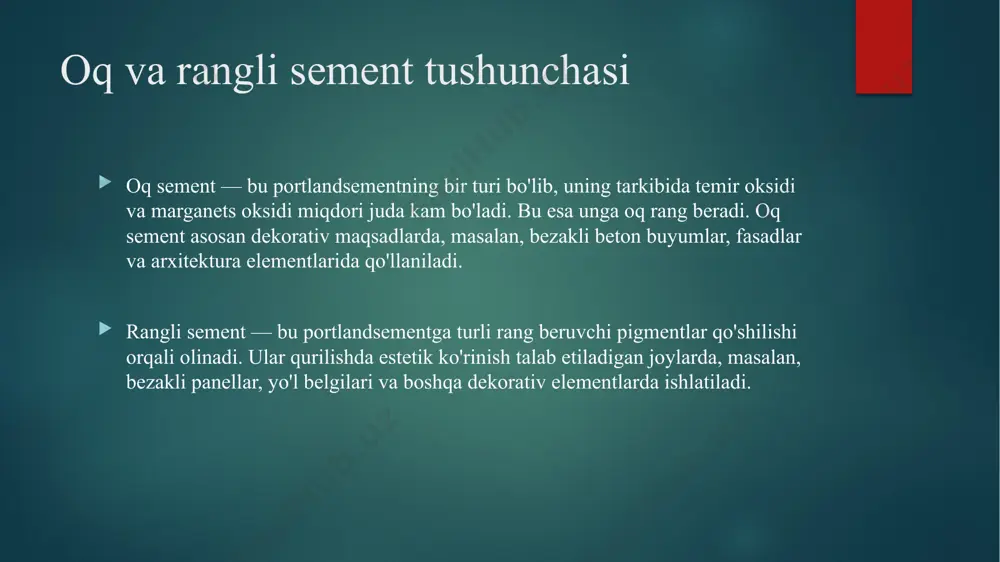 alarida muvaffaqiyatli qo‘llaniladi. kamchiliklari rangning barqarorligi - pigmentlar vaqt o‘tishi bilan ranglarini yo‘qotishi mumkin, ayniqsa, rangli sementni tashqi muhitda ishlatgan holda, quyosh nuri va boshqa atrof-muhit omillari ta'sirida ranglar o‘zgaradi. pigmentlarning narxi - rangli sement ishlab chiqarishda qo‘llaniladigan pigmentlar qimmatroq bo‘lishi mumkin, bu esa umumiy xarajatlarni oshiradi. ishlatish chegaralari - rangli sementlar faqat dekorativ va estetik ishlarda ishlatiladi, ular odatiy qurilish uchun mos kelmasligi mumkin. foydalanilgan adabiyotlar 1. "bog'lovchi moddalar (umumqurilish sementlarini ishlab chiqarish texnologiyasi)", abdugafur mukhamedbaev, 2022. 2. "rangli sement xom ashyosi va ishlab chiqarish tehnologiyasi", fayllar.org, 2023. 3. "tsement ishlab chiqarish texnologiyasi: xom ashyo, usullar, uskunalar", image6.png image7.png image8.png image9.png image2.png image3.png image4.png image5.png /docprops/thumbnail.jpeg