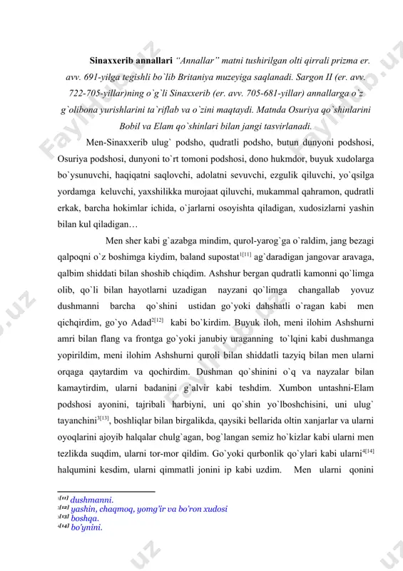 ldim. go`yoki qurbonlik qo`ylari kabi ularni [14] halqumini kesdim, ularni qimmatli jonini ip kabi uzdim. men ularni qonini go`yoki yomg`ir mavsumida suv toshqinidagi suvlardek keng yerga oqishga majbur qildim. meni aravamni qiziqqonli otlari daryoga kirgandek ularni qoniga botdilar. meni jang aravamni g`ildirakllari yomon va yovuzlikni yo`q qiladigan qon va axlatlarni sachratdilar. ularni jangchilarini o`liklari bilan go`yoki maysa kabi yerni to`ldirdim. men ularni soqollarini kesdim va shu bilan sharmanda qildim, men bodringni pishgan hosili kabi ularni qo`llarini chopdim men go`yoki ularni qo`lida bo`lgan oltindan, kumushdan ajoyib xalqalarini oldim. o`tkir qilich bilan ularni kamarlarini chopib tashladim, ularda (bo`lgan) oltin kumushdan bellaridagi xanjarlarini oldim. xettlar 1906-yil arxeologlar hozirgi turkiyada bo`g`ozqoya qishlog`i yaqinida qadimgi xett poytaxti – xattusi shahri qazib ochilgan. arxeologlar podsho saroyi xarobalarini qazib ochganlarida mixxat bilan qoplangan o`n minglab taxtachalar topilgan. 1916-yilda chex olimi grozniy bu yozuvlarni tadqiq qilib, ularni o`qishga muvaffaq bo`ldi. shunday yozuvlardan biri er. avv. xiii asr o`rtalarida …