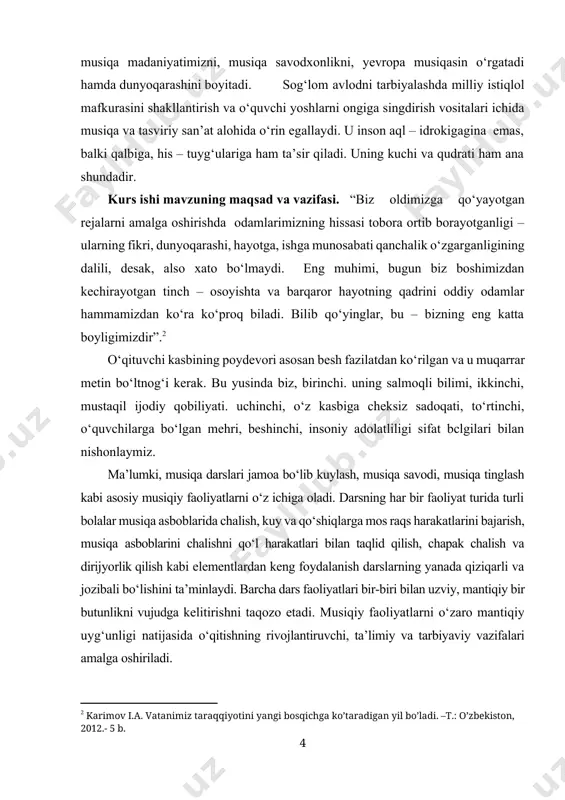qa madaniyati darslarining maqsadi 1.1. musiqa madaniyati darslarining vazifalari dars o‘quv tarbiya jarayonida tahsil maqsadlarini amalga oshirishda asosiy ta’lim shakli hisoblanadi. o‘tkizilgan dars o‘quvchilarni ham, o‘qituvchilarni ham qanoatlantirish uchun ma’lum darajada umumiy ba’zi bir talablarga javob berishi kerak. dars predmet kalendar dasturidagi o‘z o‘rniga ega bo‘lishi, maqsadi aniq belgilangan bo‘lishi kerak. dars o‘tish jarayonida shakllantirilishi lozim bo‘lgan bilim, iqtidor va ko‘nikmalar alohida aniqlanishi darkor. shu bilan birga mazkur dars davomida bilim, iqtidor va ko‘nikmalarning erishiladigan darajasi ham belgilanishi ma’qul bo‘ladi. darsda ishlatiladigan metodlar, vositalar turkumi aniq bo‘lishi oldindan belgilanishi maqsadga muvofiqdir. darsga qo‘yiladigan didaktik talablardan yana biri shuki, beriladigan o‘quv materiali sistemali ravishda osondan-qiyinga, oddiydan-murakkabga, o‘quvchilar yosh xususiyatlarini hisobga olgan xolda amalga oshirilishi kerak. darsga qo‘yiladigan tashkiliy talablar: mavzuni (kalendar) rejalashtirish asosida dars o‘tkazishning ishlab chiqilgan aniq rejasi mavjud bo‘lishi, dars o‘z vaqtida boshlanib, o‘z vaqtida tugashi kerak. darsning mantiqiy izchilligi, tugallanganligi va darsning boshidan to oxirigacha o‘quvchilar ongli intizomi …