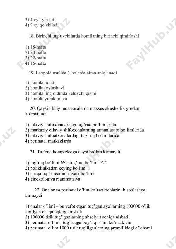 um, d cristarum 3. d cristarum, d trochanterics 4. d trochanterics, conjugata externa 5. conjugata externa 4. homiladorlikni aniqlovchi belgilarni ko’rsating 1. shubhali (sub’ektiv), tahminiy (ona tomonidan ob’ektiv) 2. laborator 3. aniq (homila tomonidan ob’ektiv) 4. 1,2 5. 1,3 5. bimanul tekshirish orqali homiladorlikning qanday erta gumonli belgilari aniqlanadi 1. piskachek belgisi, snegirev belgisi 2. lovset belgisi 3. lazarevich belgisi 4. lovset belgisi, lazarevich belgisi 5. snegirev belgisi, lazarevich belgisi 6. bimanul tekshirish orqali homiladorlikning qanday erta gumonli belgilari aniqlanadi 1. gorvic- gegar belgisi, genter belgisi 2. lovset belgisi 3. lazarevich belgisi 4. lovset belgisi, lazarevich belgisi 5. snegirev belgisi, lazarevich belgisi 7. bimanul tekshirish orqali homiladorlikning qanday erta gumonli belgilari aniqlanadi 1. snegirev belgisi, gorvic gegar belgisi 2. lovset belgisi 3. lazarevich belgisi 4. lovset belgisi, lazarevich belgisi 5. snegirev belgisi, lazarevich belgisi 8. homiladorlikning ishonchli belgisini sanab bering 1. qo'l bilan aniqlanadigan homila harakatlari, homila yurak urishini eshitish …