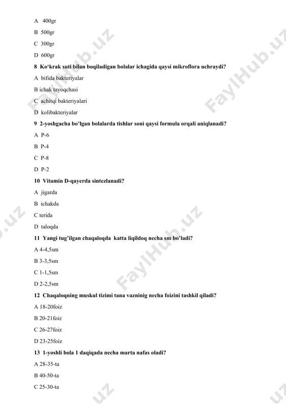 anadi? a dinamometr b spirometr c sm. lentada d tarozida 20 so’rish va yutish refleksi bo’lmagan chala tug’ilgan bolalar qanday ovqatlantiriladi? a so’rgich bilan b pepetka bilan c zond bilan d qoshiqcha bilan 21 perkussiya nima? a paypaslab ko`rish b eshitib ko`rish c o`lchab qo`yish ddukkilatib urib ko`rish 22 nafas a’zolari kasalliklari bilan og’rigan bemorlarni obyektiv tekshiruviga nima kiradi? a qorinni paypaslash b auskultatsiya qilish c arterial bosimni o’lchash d pulsni sanash 23 pediatr xonasining xona harorati necha gradus bo`lishi kerak? a 19-20gradus b 23-26gradus c 23-24gradus d 20-22gradus 24 chaqaloqni birlamchi parvarishiga nimalar kiradi? a tagini yuvish, kindigini parvarishlash b ko‘z va terini parvarishlash c shilimshiqlarni so‘rib olish, kindikni kesish d cho‘miltirish, yo‘rgaklash 2 5 nazorat o‘lchovini o‘tkazishga ko‘rsatmani aniqlang. a gipogalaktiya b gipotermiya c gipotenziya d gipoglikemiya 26 kindik chuqurchasining yallig‘lanishi nima deb ataladi? a omfalit b pustulyoz c psevdofrunkulyoz d piodermiya 27 bir yoshli bolada gemogloblin miqdori …