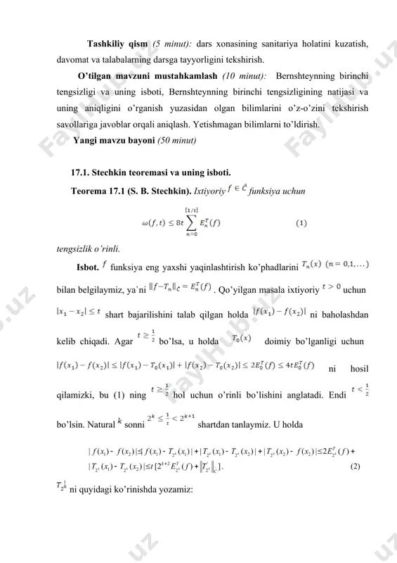 ani va har bir oraliqda chiziqli qilib aniqlaymiz. tushunarliki, o’smovchi va bo’lganda va bo’lganda. bu tengsizliklarning birinchisini bo’yicha dan gacha, ikkinhisini esa dan gacha intervallab, tengsizliklarni hosil qilamiz. ular asosida munosabatga ega bo’lamiz. olingan bahoni (3) ga qo’yib, ning tanlanishiga ko’ra bo’lishidan foydalansak, (1) tengsizlikni hosil qilamiz. □ stechkin teoremasidan quyidagi teoremani isbotlashda foydalanamiz. 17.2. bernshteynning birinchi teoremasi va uning isboti. teorema 17.2 (bernshteynning 1-teoramasi). faraz qilaylik, . agar , ixtiyoriy uchun bajarilsa, bu yerda –qandaydir o’zgarmas, u holda bo’lganda va bo’lganda bo’ladi. isbot. teorema shartlari bajarilganda (1) tengsizlikni qo’llab, bahoni olamiz. agar bo’lsa, u holda uchun ni deb olsak, u holda tengsizlikni olamiz. (5) ni (4) ga qo’yib, uchun munosabatni hosil qilamiz, bu yerda . shuning uchun bo’lganda uzluksizlik modulining -xossasiga asosan kelib chiqadi. agar bo’lsa, u holda uchun o’rinli va shuning uchun tengsizlik bajariladi, bu yerda , yani . teorema 17.2 isbotlandi. □ 17.3. sinfning konstruktiv xarakteristikasi. izoh …
