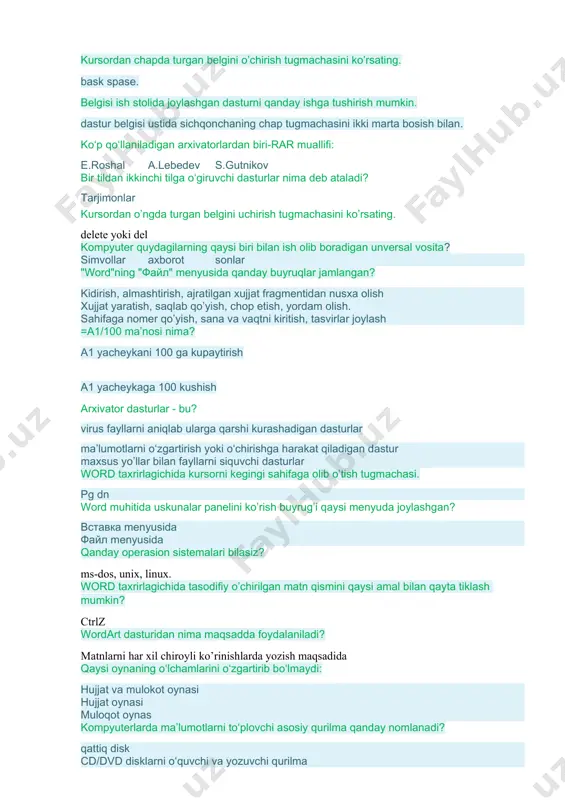 haning o‘ng tugmachasini bir marta bosib, «создать» menyusida «папка» bo‘limini tanlash matn muxarririning asosiy funksiyasi nimalardan iborat: matn kiritish, matnni taxrir qilish «проводник» ilovasi nima uchun xizmat qiladi? windows da ishlashni osonlashtirish uchun matnlarni taxrirlash uchun «проводник» ilovasi nima uchun xizmat qiladi? fayllarni arxivlash qanday amal? fayllarni siqish yo‘li bilan hajmini kamaytirishdan xosil bo’lgan yangi fayl «автозамена» qanday maqsadlar uchun ishlatiladi? ma’lum kodni o‘nga belgilangan iboraga avtomatik almashtirish uchun «мастер диаграмм» buyrug`i qaysi menyuda joylashgan : формат файл quyidagi axborot tashuvchi disklarni hajmi bo‘yicha o‘sib borish tartibida ko‘rsatilgan variantni tanlang floppy – cd - dvd – hdd word muhitida yaratgan hujjatingizni boshqa nom bilan boshqa papkaga saqlamoqchisiz. qaysi buyruqdan foydalanasiz? файл menyusining «сохранить как...» bandidan "word"da biror bir matn, so’z va jumlani qidishda klaviaturadan qaysi garyachi klavishlar kambinatsiyasidan foydalaniladi? ctrlh «масштаб» tugma yordamida nima qilishimiz mumkin? jadval chiziqlar turini o‘zgartiramiz word muhitida yangi hujjat ochish buyrug’i qaysi menyuda joylashgan? файл …