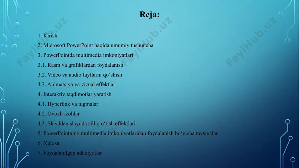 owerpoint taqdimotga video va audio fayllarni qo‘shish imkoniyatini beradi: video fayllar – mp4, avi, wmv kabi formatlarda bo‘lishi mumkin audio fayllar – mp3 yoki wav formatidagi musiqa va ovozli izohlar youtube videolarini kiritish – internetga bog‘langan holda youtube videolarini bevosita slayd ichiga joylashtirish 3.3. animatsiya va vizual effektlar animatsiyalar taqdimotga dinamika qo‘shadi va tinglovchilarning e’tiborini muhim nuqtalarga qaratishga yordam beradi. obyektlar uchun animatsiya effektlari – matn, rasm yoki diagrammalarga harakat berish o‘tish effektlari – slaydlar orasida yumshoq va jozibali o‘tish effektlari yaratish moslashtirilgan animatsiyalar – animatsiyalarni maxsus sozlash imkoniyati 4. interaktiv taqdimotlar yaratish 4.1. hyperlink va tugmalar powerpointda interaktiv tugmalar va havolalar (hyperlink) qo‘shish orqali taqdimotlarni yanada samarali qilish mumkin: ichki havolalar – taqdimot ichidagi boshqa slaydlarga yo‘naltirish tashqi havolalar – veb-saytlarga yoki boshqa fayllarga havola qo‘shish 5. powerpointning multimedia imkoniyatlaridan foydalanish bo‘yicha tavsiyalar 1. rasmlarni sifatli va mos hajmda ishlating 2. video va audio fayllarni ortiqcha yuklamaslik uchun optimallashtiring …