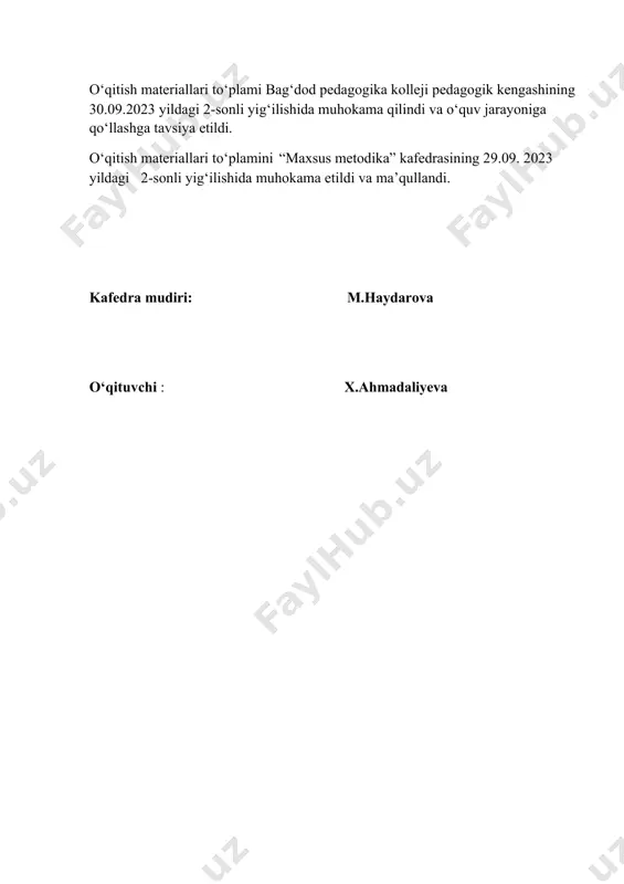 lash. tevarak- atrofga estetik munosabatda bo‘lish, estetik didini o‘stirish. maktabgacha yoshdagi bolalarning ijodlarini rivojlanishiga rahbarlik qilish. bo‘lajak tarbiyachi-pedagog larni bolalar bilan badiiy tarbiya ishlarini o‘tkazishga tayyorlash. maktabgacha tarbiya yoshidagi bolalarni bog‘cha va oila sharoitida tasviriy faoliyatni rivojlanish qonuniyatlarini bilsh, o‘zlashtirish; bolalarni har tomonlama tarbiyalashda tasviriy faoliyatni va tasviriy san’at turlarini elementlarini qo‘llash; sensor va estetik tarbiyani tasviriy faoliyatga bog‘lanishi; sezish, idrok etish, ko‘rish, tavakkurlarni rivojlantirish. maqsad va vazifalarni amalga oshirishda bolalarni yoshlarini, anatomik va fiziologik rivojlanishlarini hisobga olish. · tashkiliy – pedagogik ko‘nikmalarni hosil qilish; -material va asboblar bilan muomala qilish va ishlash texnikasini takomillashtirish; · rasm solishga o‘rgatishda, loydan odamlar yasashda, applikatsiya ishlarini bajarishda, qurish – yasash faoliyatda izchillik usullarini o‘zlashtirish; · texnologik kartadan foydalanishni o‘rganish; 1. bolalarni estetik, ahloqiy, aqliy jihatdan tarbiyalashni ko‘zda tutish. 2. mehnat tarbiyani vazifalarini hal etish. 3. maktabga tayyorlash vazifalarini amalga oshirish (oila va bog‘cha sharoitida). 4. bolalarni ijodiy qobiliyatlarini rivojlantirish. 5. davlat talablarini …